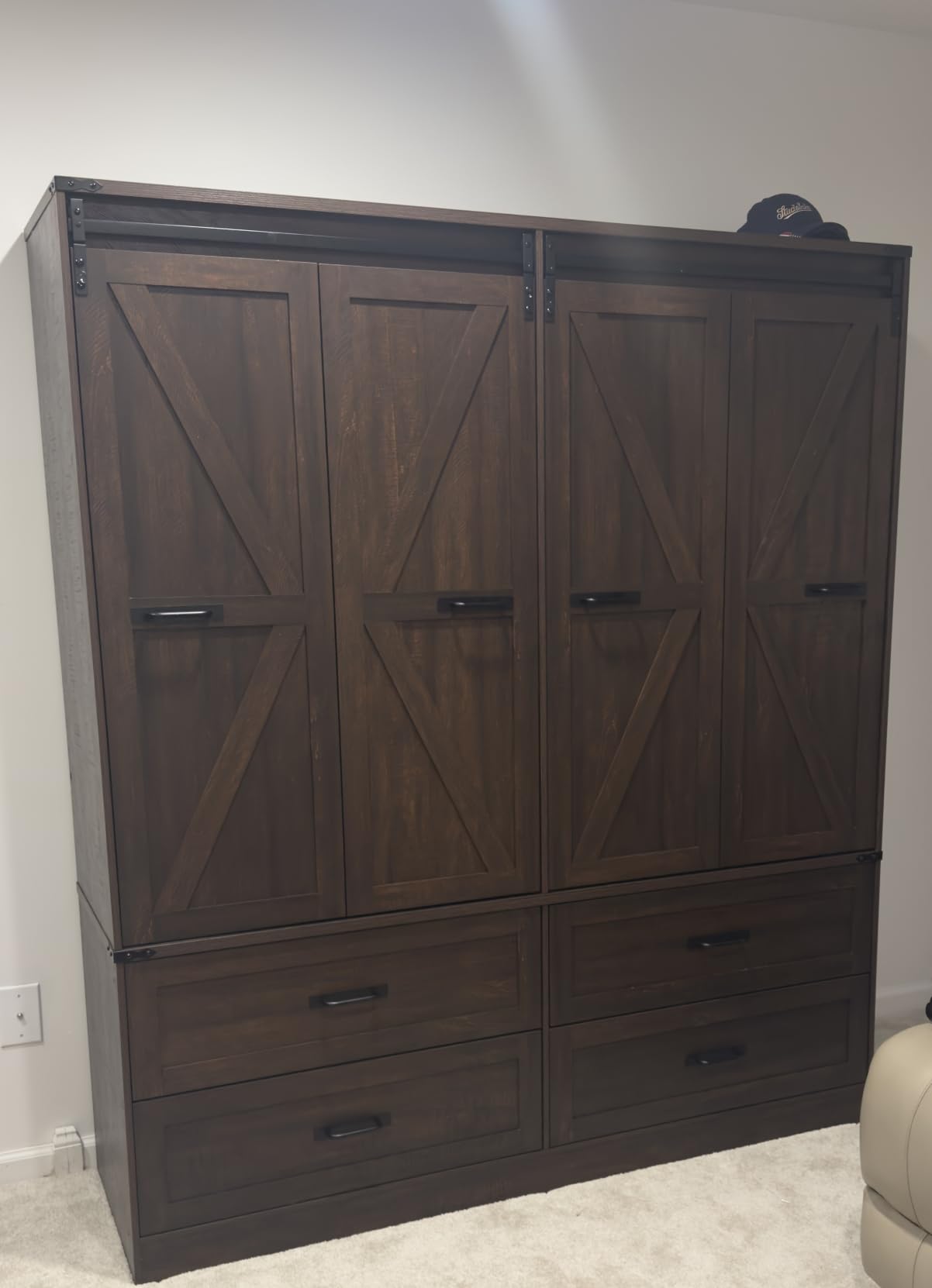 Farmhouse 4 Doors Armoire Wardrobe Closet w/Folding Sliding Barn Door and Lights, LED Armoire Closet w/Drawers for Bedroom, Freestanding Wooden Wardrobe Storage Closets w/Hanging Rod, Rustic Brown customer photo 2