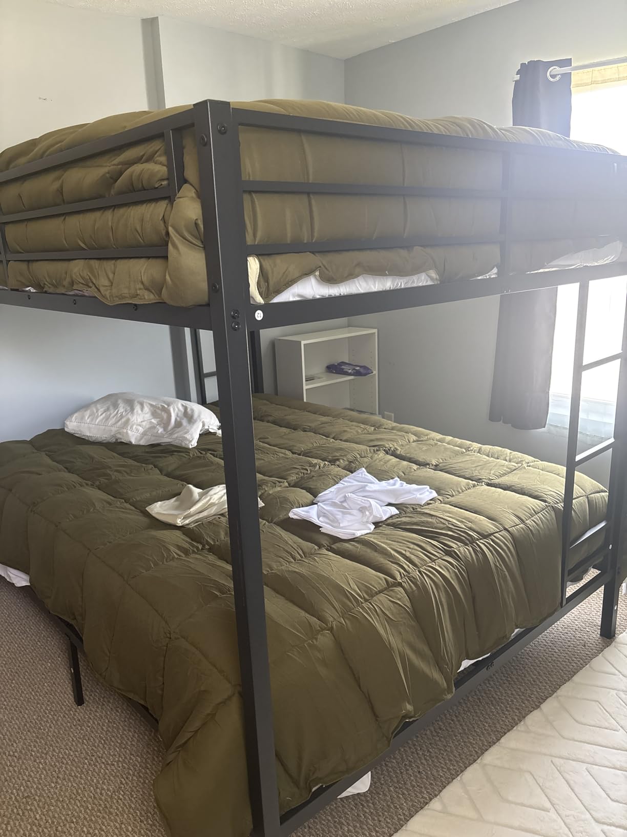 Queen Over Queen Bunk Bed Frame, Heavy Duty Metal Loft Bed for Adults/Teens, 400/600LB Capacity w/Ladder & Guardrail, Noise-Free Steel Slats, No Box Spring Required, Black customer photo 1