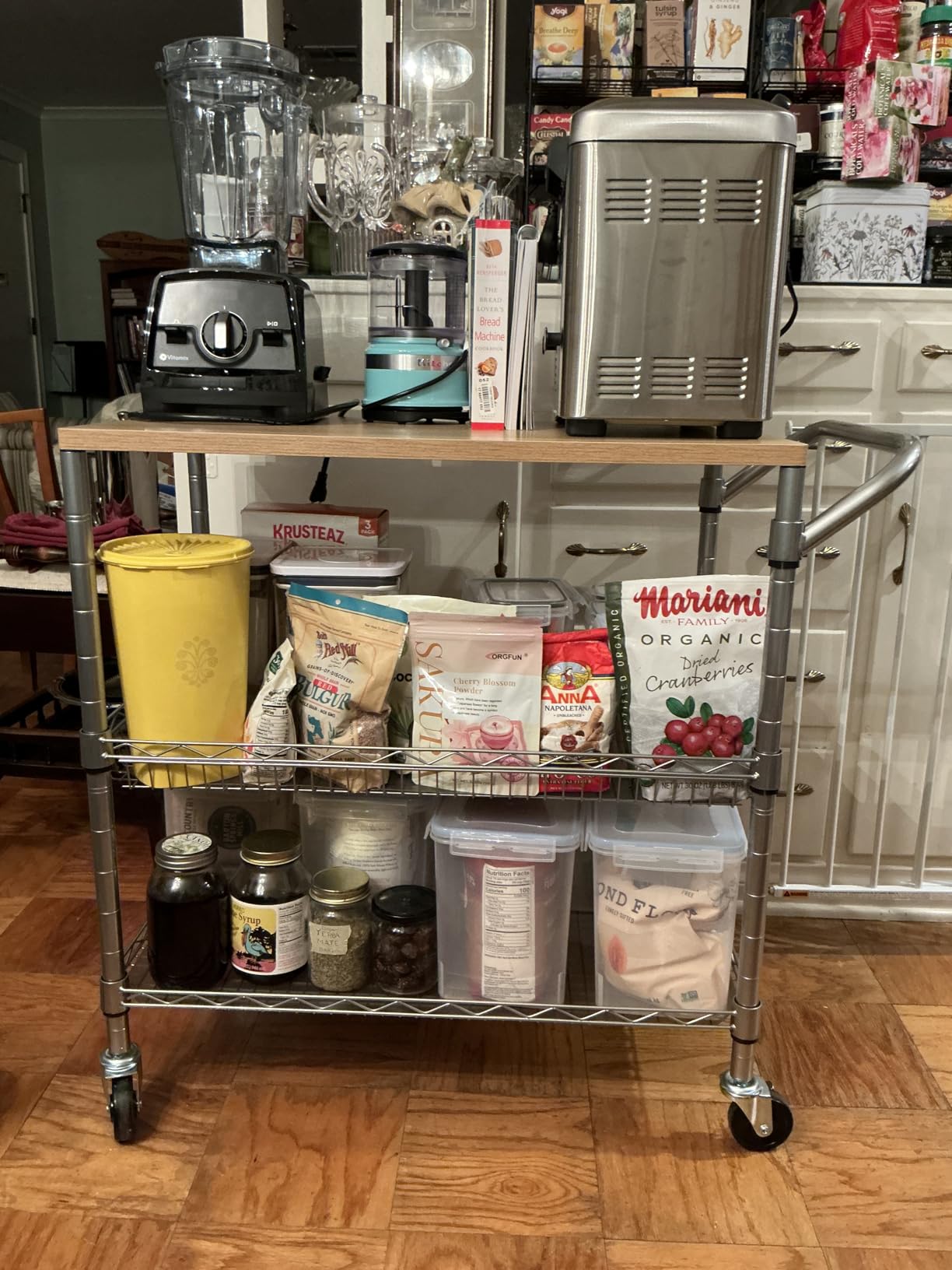 3 Tier Rolling Kitchen Carts on Wheels with Storage, 650Lbs Heavy Duty Utility Carts with Wheels, Kitchen Island with Wood Tabletop, Metal Serving Rolling Cart for Small Appliance Food Cart, Wood+Metal customer photo 1