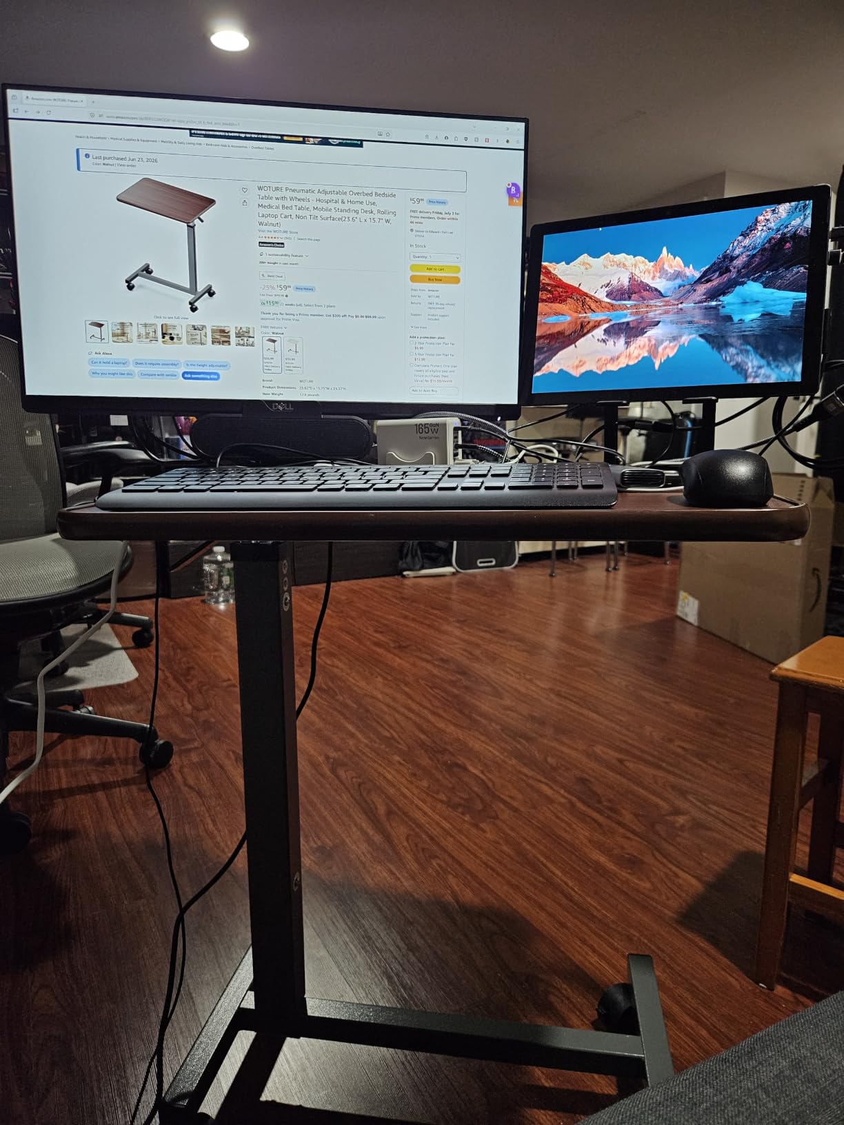 WOTURE Pneumatic Adjustable Overbed Bedside Table with Wheels - Hospital & Home Use, Medical Bed Table, Mobile Standing Desk, Rolling Laptop Cart, Non Tilt Surface customer photo 1