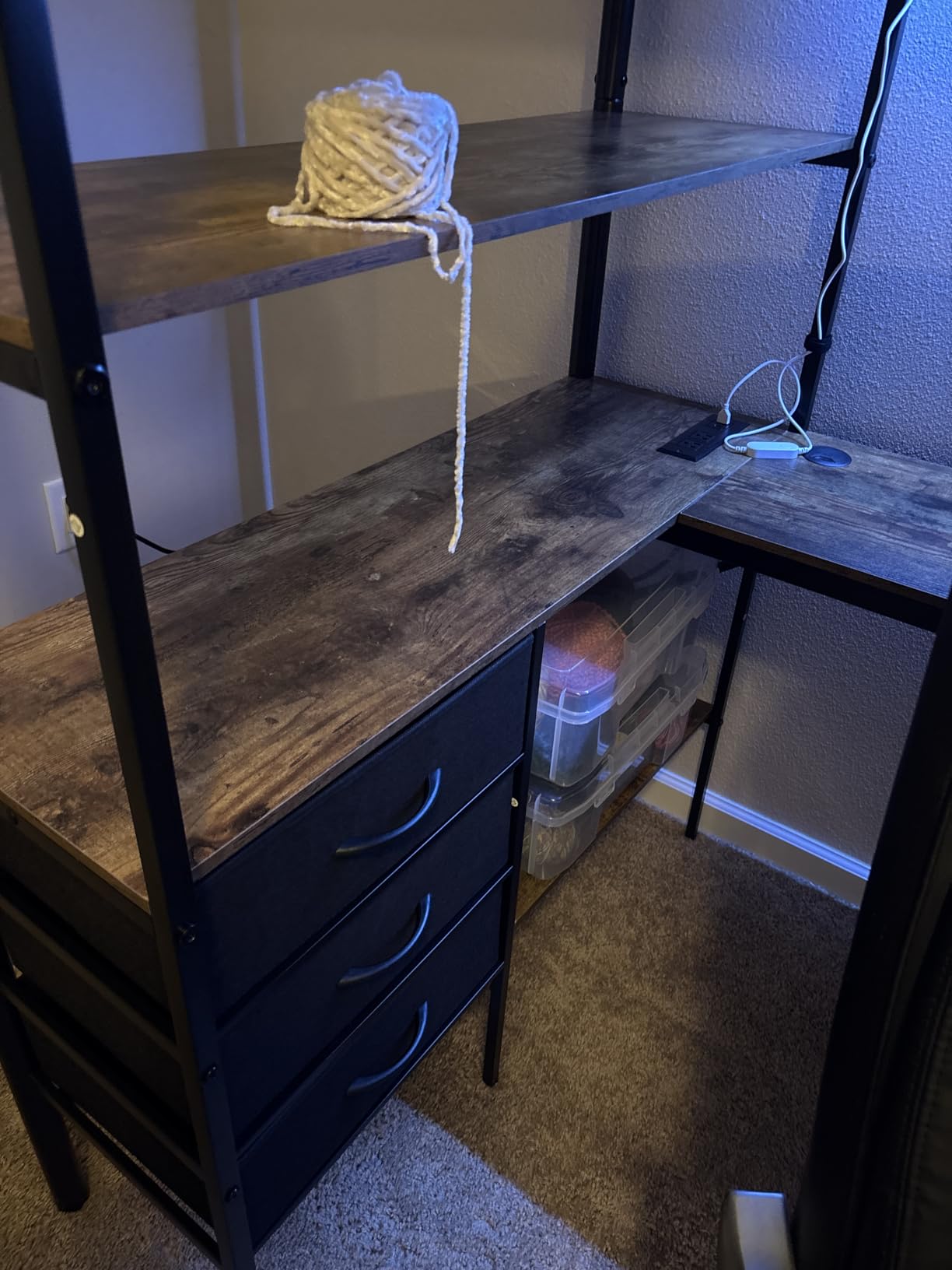 Twin Size Loft Bed with L-Shaped Desk, LED Lights, Charging Station, Industrial Heavy Duty Metal Loft Bed Frame with 3 Storage Shelves and 3 Fabric Drawers, Safety Guard & Ladder, Vintage Brown customer photo 2