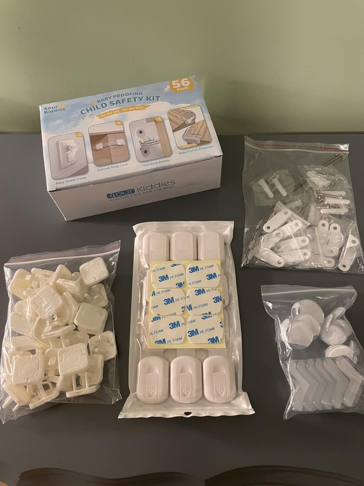 4our Kiddies 56-Piece Baby Proofing Kit & Child Safety Essentials | Child Proof Cabinet Locks x 6 ;Clear Corner Protectors x12; Plug Outlet Covers x 32; Anti-Tip Furniture Anchors x 6; customer photo 2