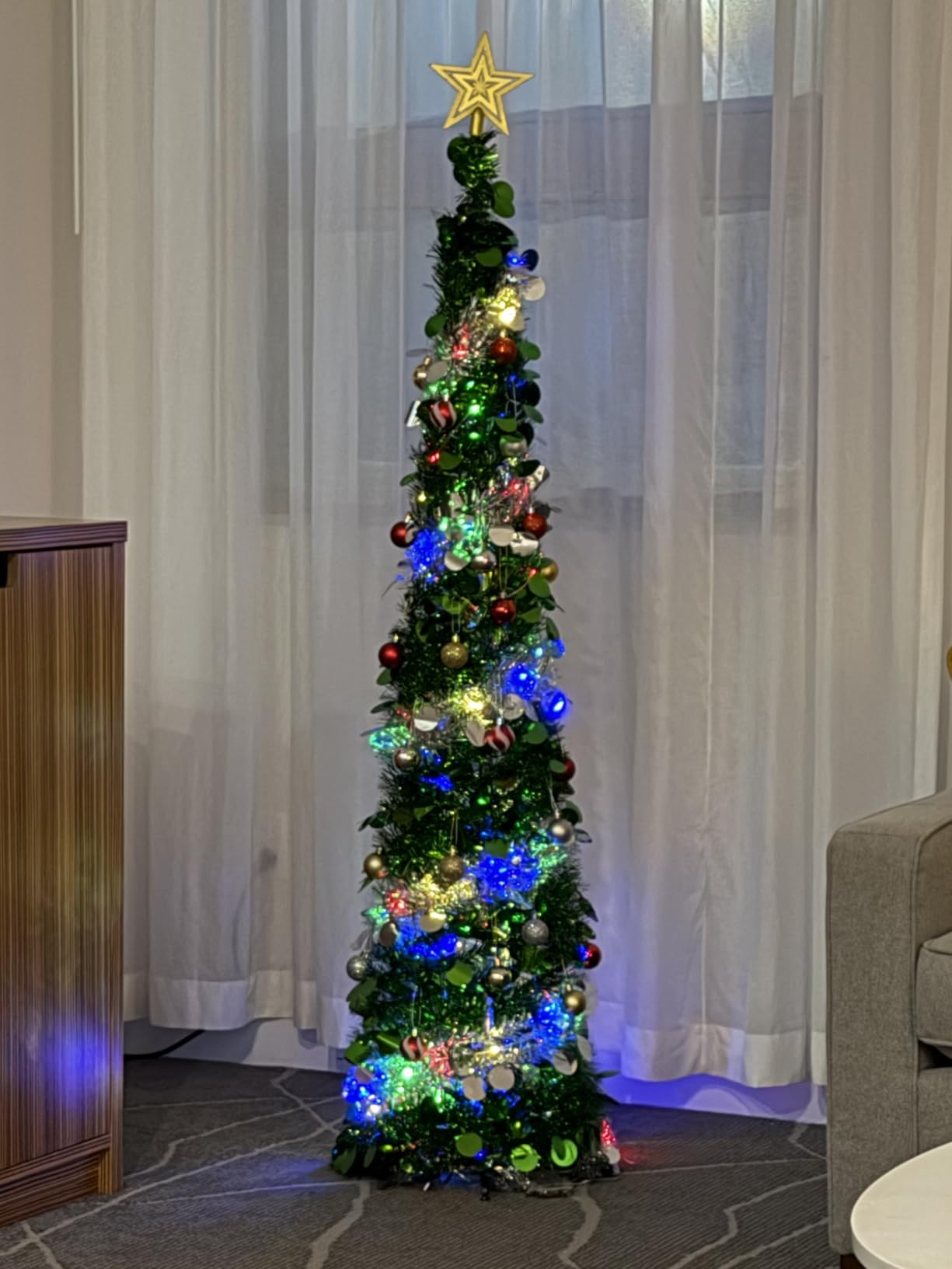 5 FT Pop Up Christmas Tree with Timer Lights and Decorations, Green Artificial Tinsel Christmas Tree with 24 Ball Ornaments, Collapsible Pencil Tree for Home, Office, Holiday Party customer photo 2