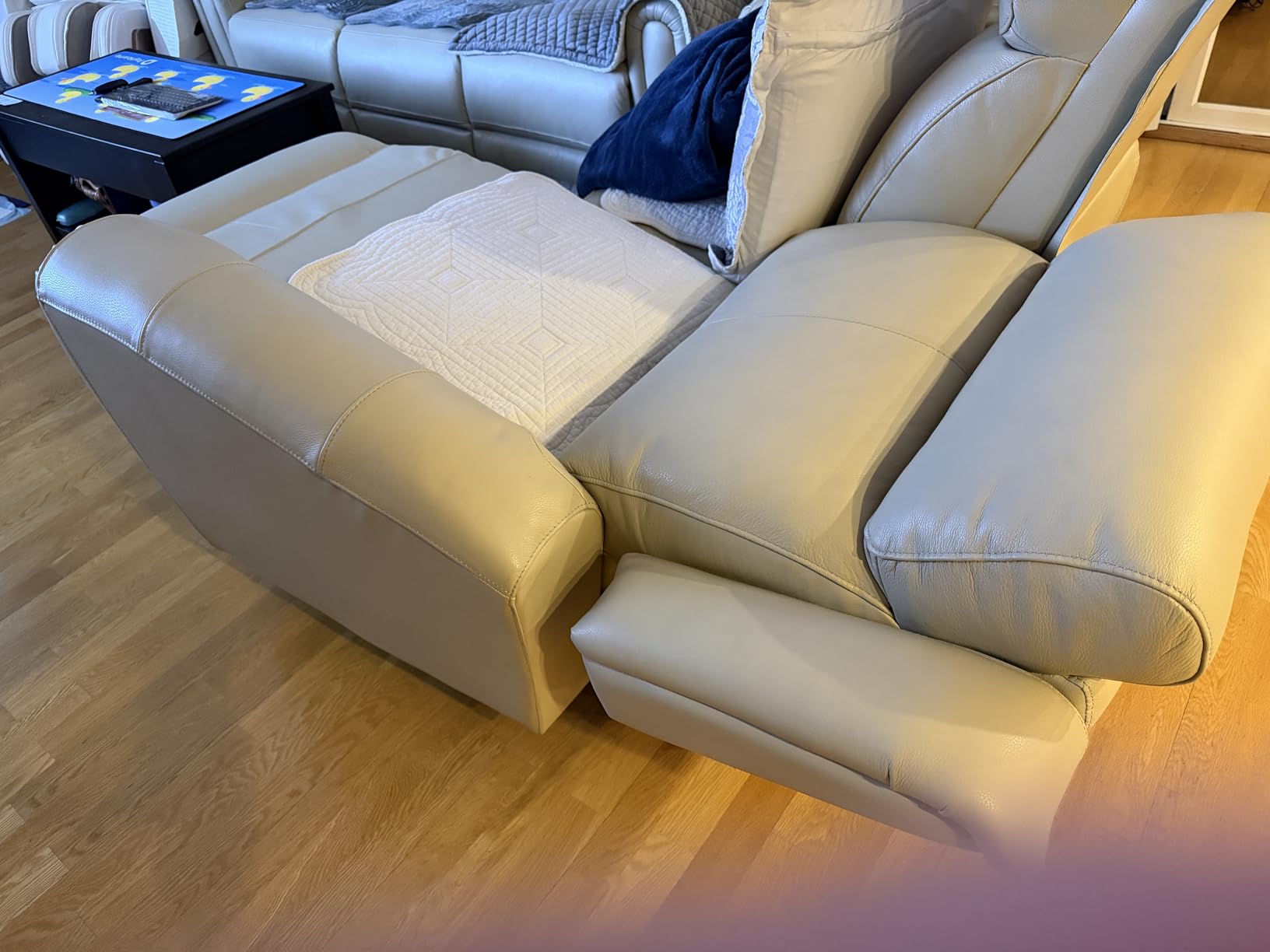 THSUPER Power Real Top Grain Genuine Leather Reclining Couch Set, Real Leather Recliner Sofa and Loveseat for Living Room with USB Port/Drop Down Table and Ergonomic High Backrest, Beige customer photo 1