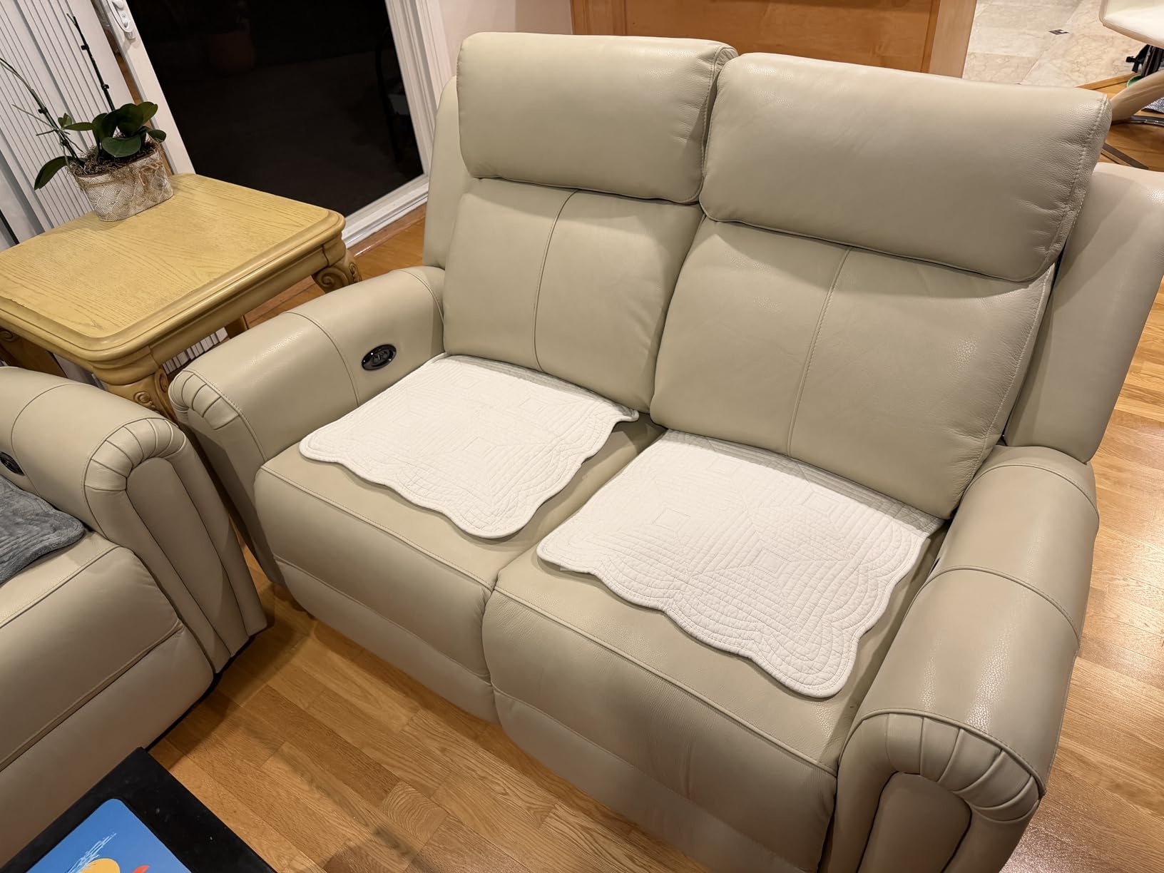 THSUPER Power Real Top Grain Genuine Leather Reclining Couch Set, Real Leather Recliner Sofa and Loveseat for Living Room with USB Port/Drop Down Table and Ergonomic High Backrest, Beige customer photo 2
