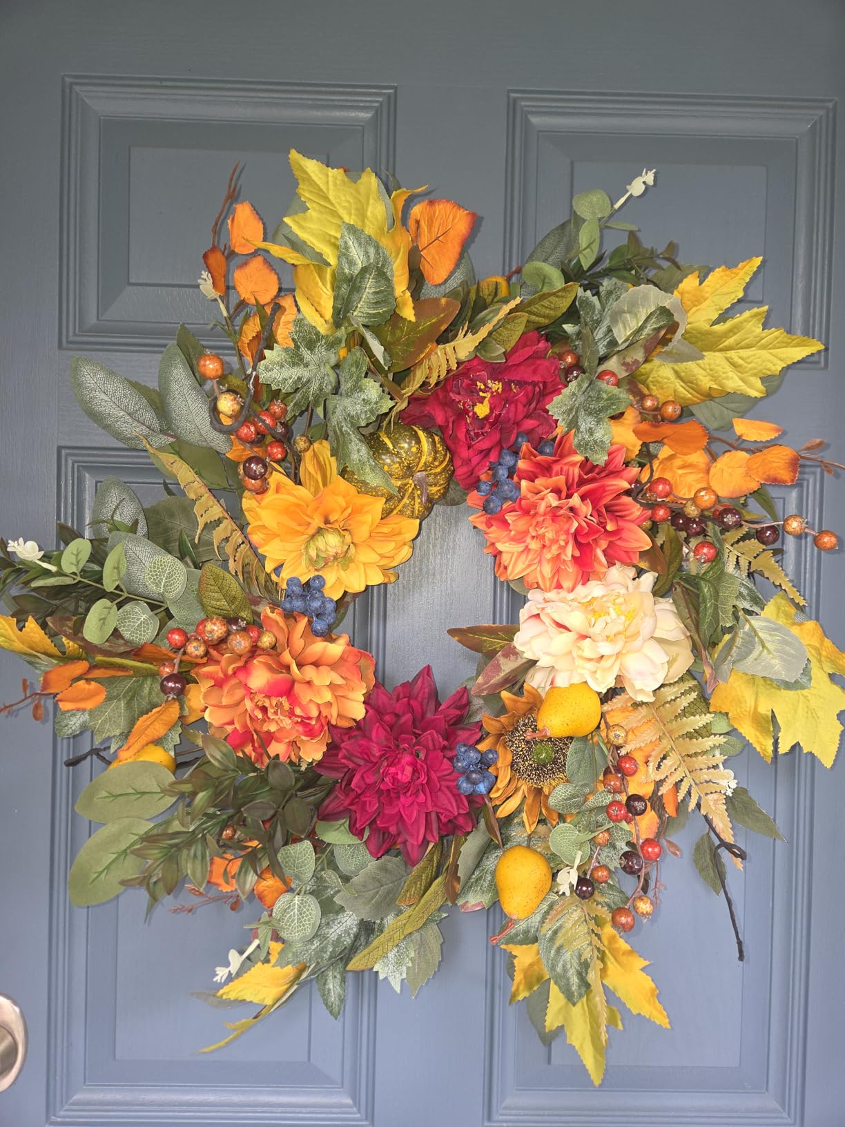 Pinkpuii 24 Inch Harvest Fall Wreaths for Front Door Outside, Porch, Entryway | Artificial Silk Autumn Wreath with Peony Dahlia Pumpkin Sunflower Pear - Indoor Outdoor Thanksgiving Halloween Door Decorations customer photo 2