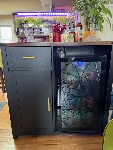 GDLF Coffee Bar Cabinet with Fridge Space, Mini Fridge Stand, Black, Compact Refrigerator Stand, Large Drawer & Cabinet, Black Finish with Warm Brown Top customer photo 1