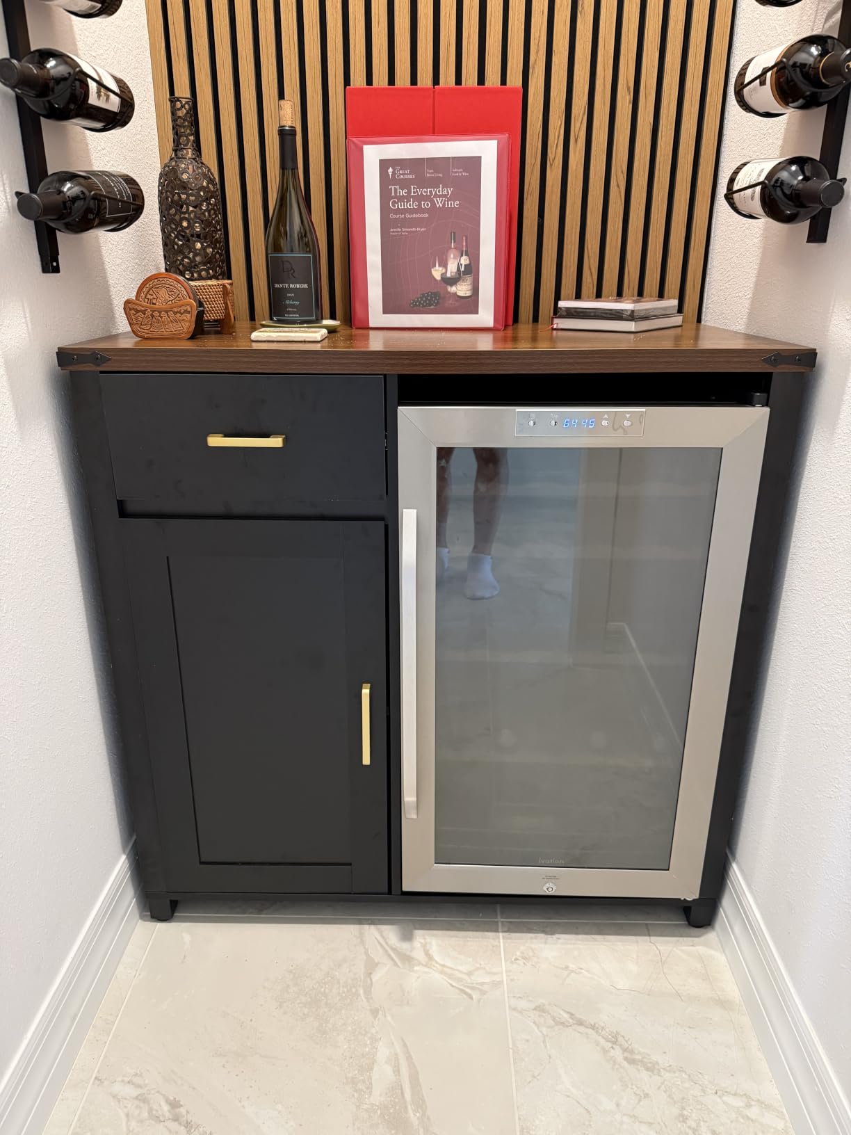GDLF Coffee Bar Cabinet with Fridge Space, Mini Fridge Stand, Black, Compact Refrigerator Stand, Large Drawer & Cabinet, Black Finish with Warm Brown Top customer photo 2