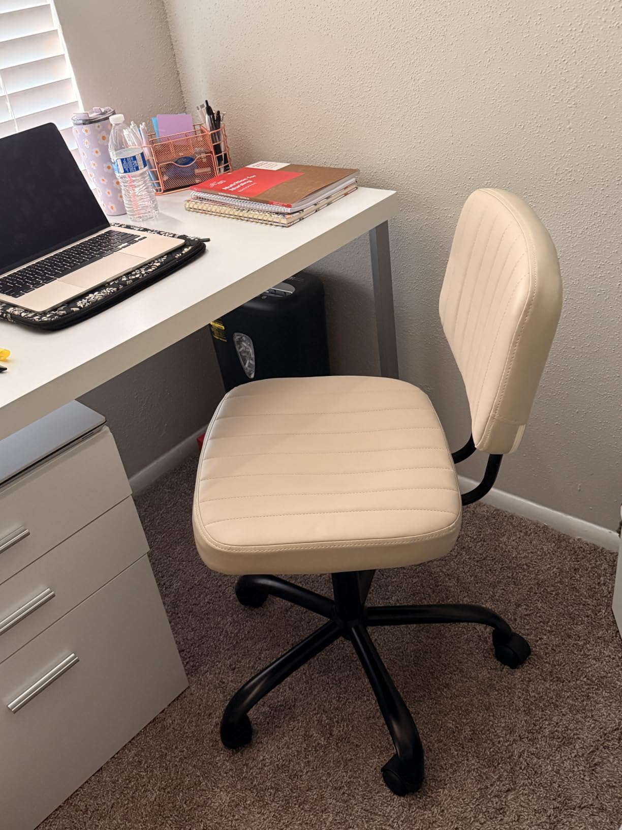 Sweetcrispy Office Desk Chair, Small Home Vanity Chair, Lumbar Support | Armless PU Leather, Height Adjustable Rolling Swivel Task, Bedroom Home Student, Brown customer photo 1