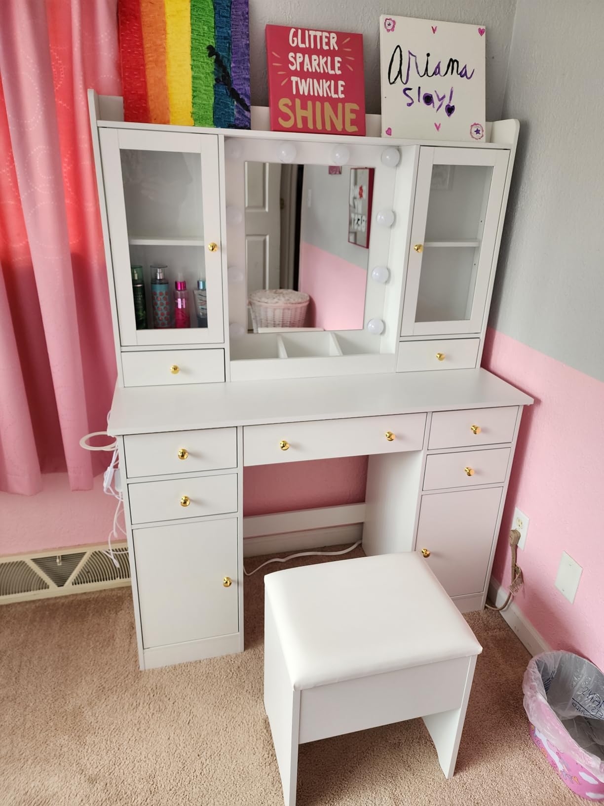 Wodeer White Makeup Vanity Desk with Mirror and Lights, Smart RGB Light | Vanity Table with Charging Station & 7 Drawers, Adjustable 3 Mode Mirror Lights, Bedroom Dressing Table for Women & Girls customer photo 2