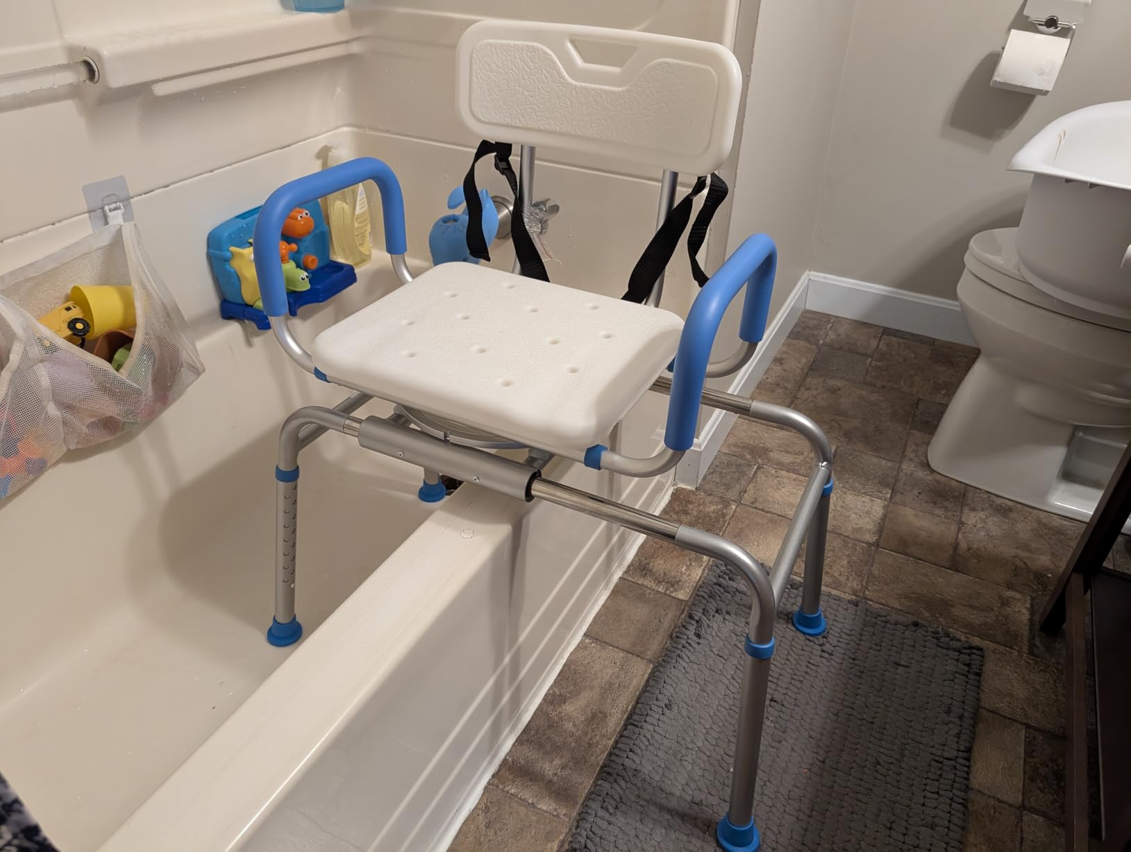 Loyoda FSA/HSA Eligible Sliding Shower Chair Tub Transfer Bench for Bathtub | Swivel Shower Bench with Pivoting Arms, Height Adjustable Shower Seat, 350 lbs, White & Blue, Standard customer photo 1