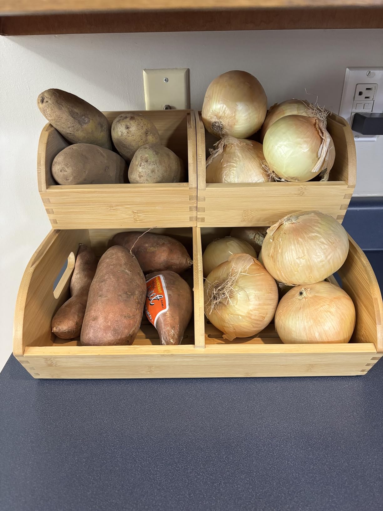 Potato and Onion Storage Bin, Stackable Bamboo Pantry Organizer and Storage | Ventilated wood baskets with handles for potatoes, onions, garlic, fruit and vegetables; kitchen countertop produce customer photo 1