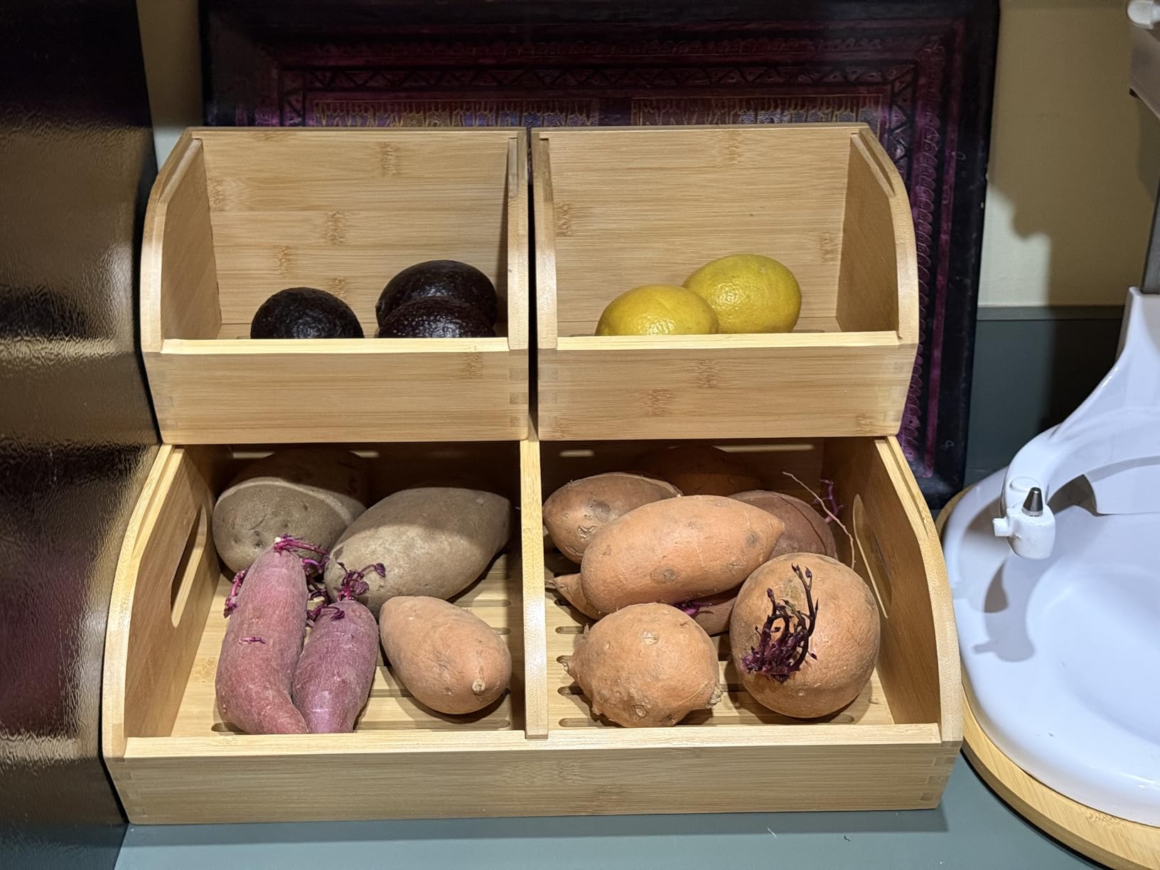 Potato and Onion Storage Bin, Stackable Bamboo Pantry Organizer and Storage | Ventilated wood baskets with handles for potatoes, onions, garlic, fruit and vegetables; kitchen countertop produce customer photo 2