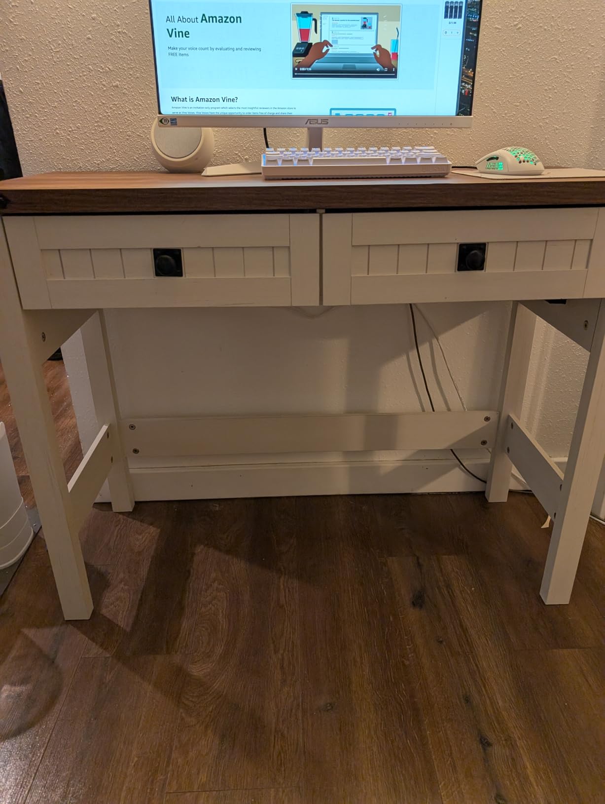 39 Inch Farmhouse Small Computer Desk with Drawers for Bedroom, Home Office | Small Office Computer Desk with 2 Drawers & Power Outlets, Compact Writing Study Desk for Small Spaces, Antique White customer photo 2