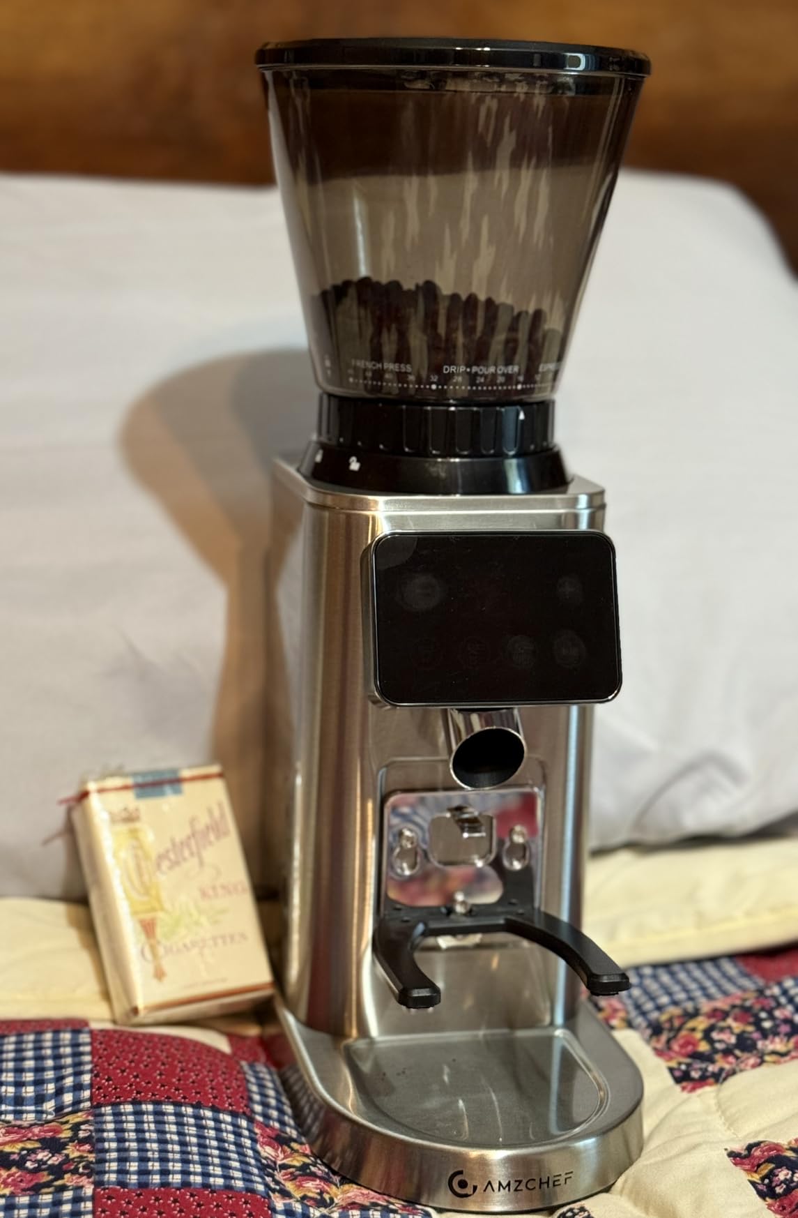AMZCHEF Burr Coffee Grinder, 48 Settings, Less Static Mess, Metallic Silver | 40mm Burr, Low Retention, 0.5s LED Timer, Stainless Steel Body, Fit 51-54/58 Espresso Portafilter, Cleaning Brush Included customer photo 1