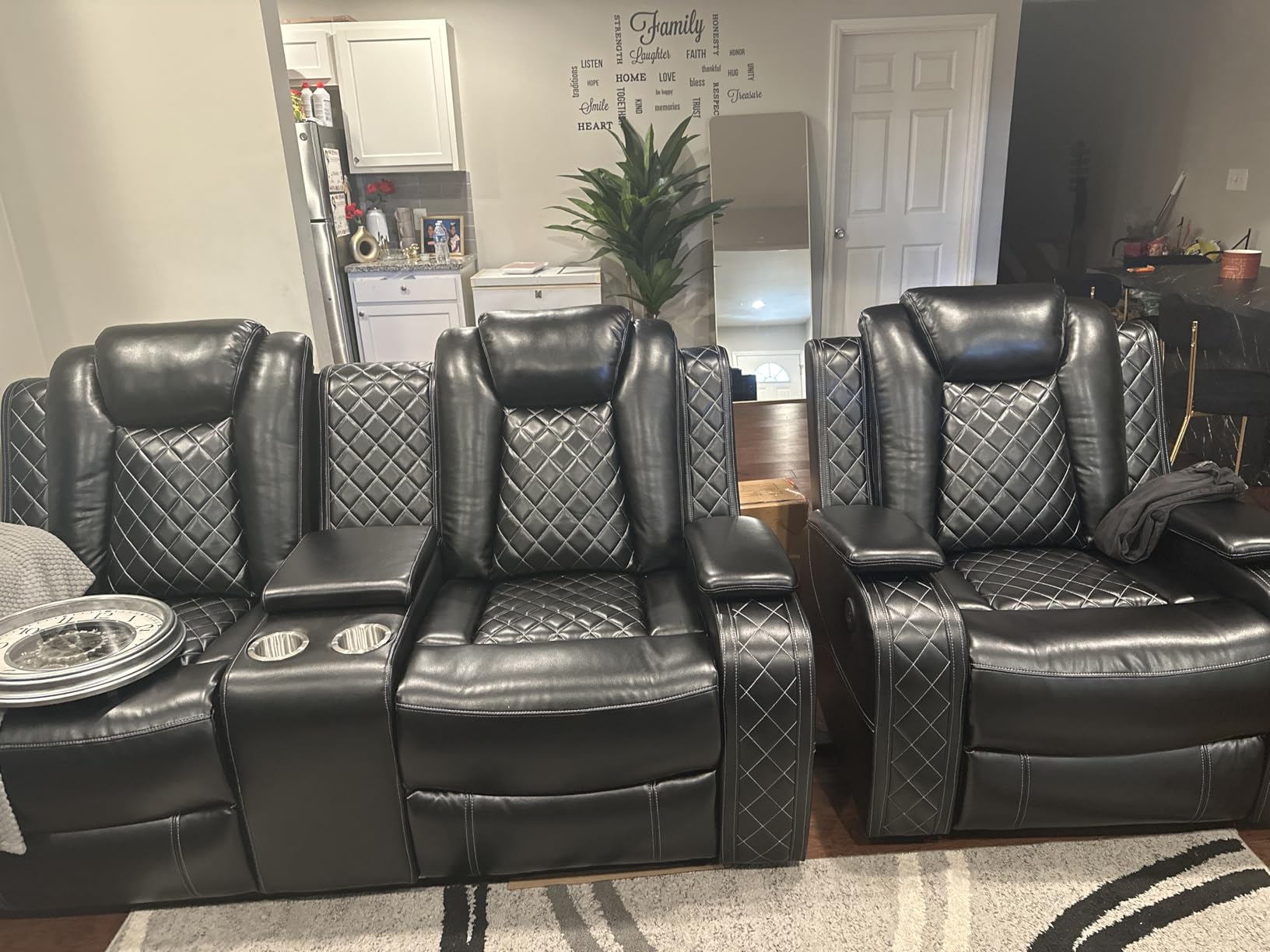Leather Power Recliner Sofa Set with LED, Living Room Furniture Set, Leather Sofa Set with USB Port Storage Console Cup Holder for Office Living Room Home (Khaki) customer photo 2