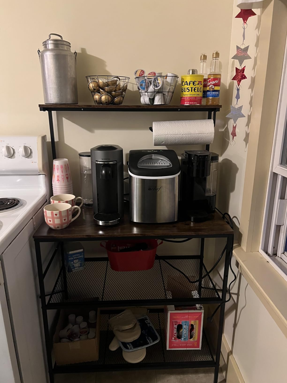 Huuger 4-Tier Bakers Rack with Reversible Power Outlet, 23.6 Inch Microwave Stand, Kitchen Coffee Bar, with Top Shelf, 6 S Hooks, Rustic Brown customer photo 1