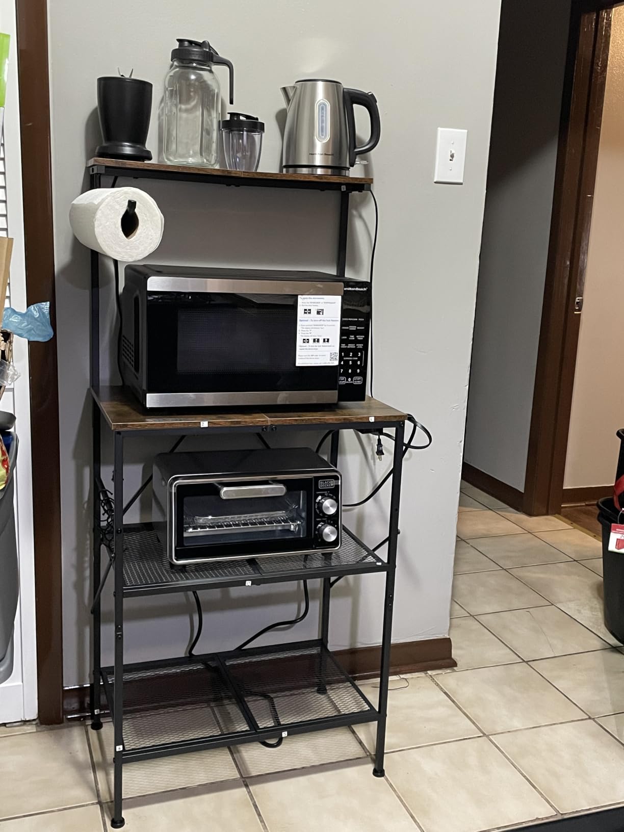 Huuger 4-Tier Bakers Rack with Reversible Power Outlet, 23.6 Inch Microwave Stand, Kitchen Coffee Bar, with Top Shelf, 6 S Hooks, Rustic Brown customer photo 2
