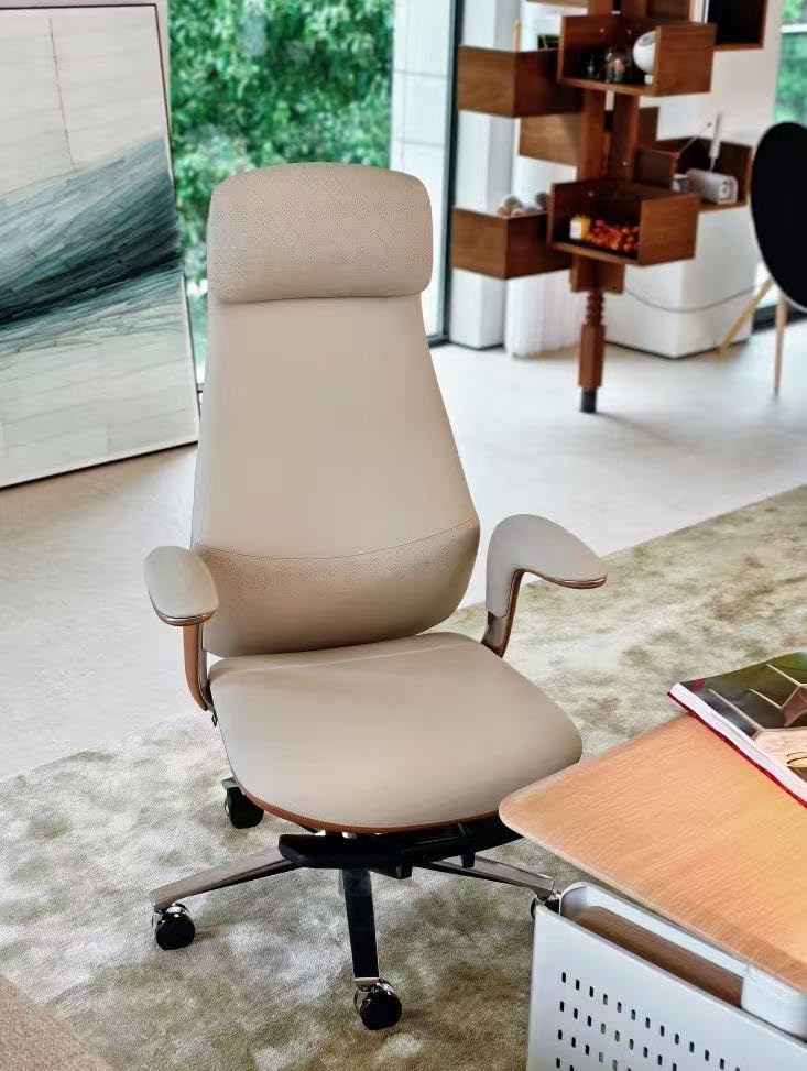 TOMU Executive Office Chair with Foot Rest, Top Grain Genuine Leather Office Chair, Ergonomic High Back Design. Real Leather, Wheels, Alumium Base. Padded Armrest, Luxury and Comfy (Beige) customer photo 1