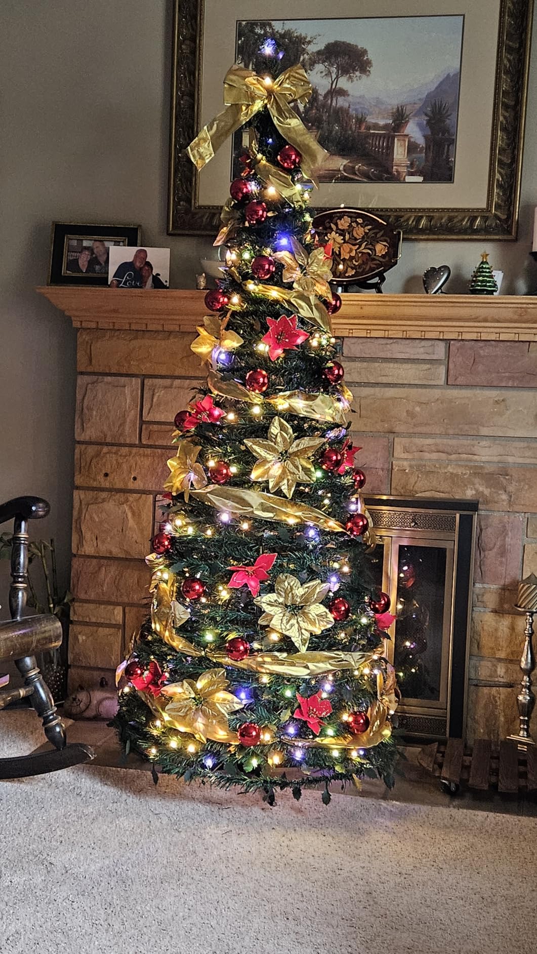 6ft Pre lit Pull-Up Christmas Tree, Fully Pre-Decorated Collapsible Artificial Pencil Tree with 300 Colorful Lights, Remote & Timer, 1 Surround Ribbon, 40 Balls, 35 Flowers for Holiday Party Decor customer photo 1