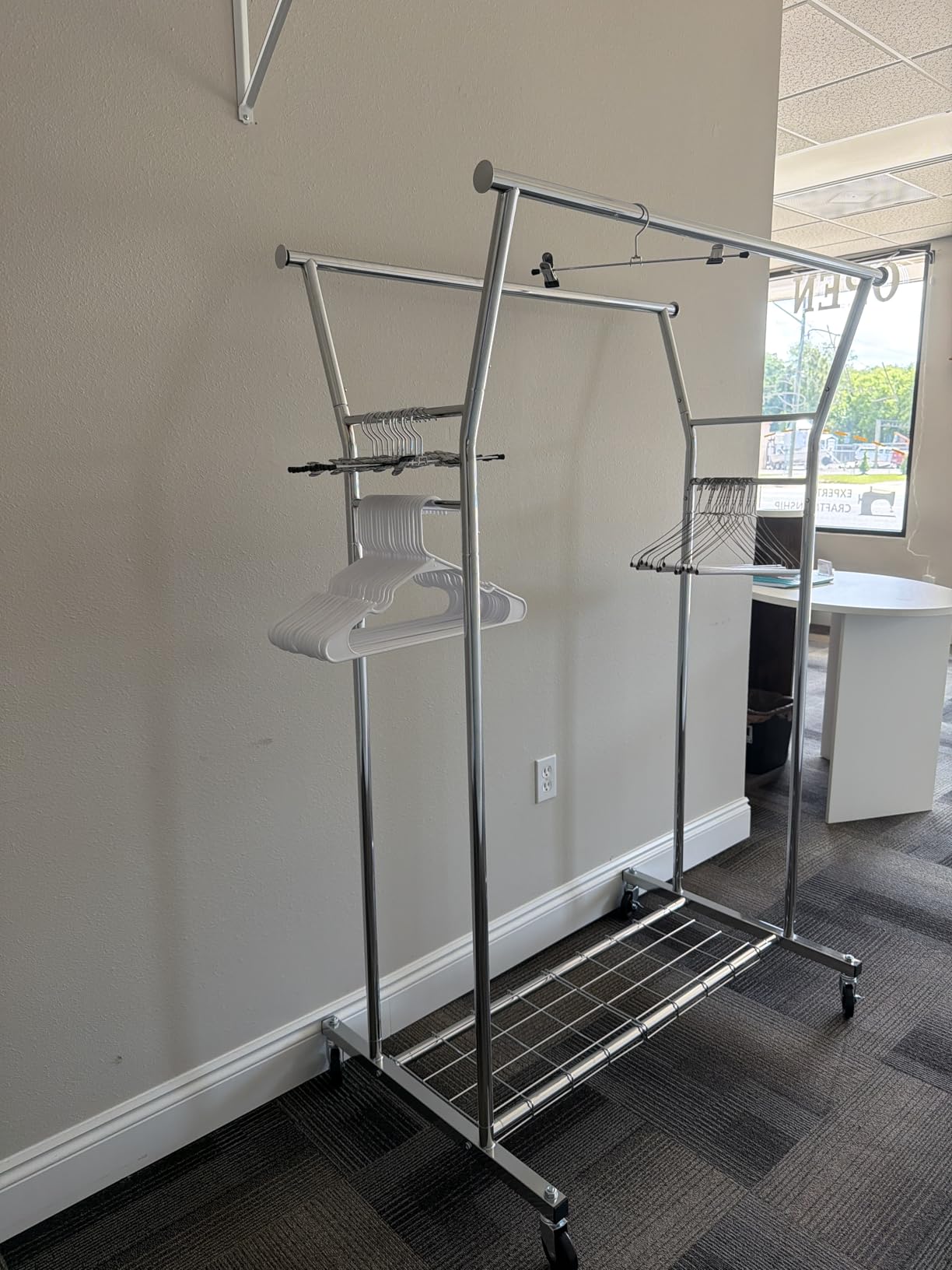 HYSEYY Heavy Duty Clothes Rack, Rolling Clothing Rack for Hanging Clothes with Shelves Load 700LBS,Portable Garment Wardrobe Closet Rack with Wheels for Bedroom,Laundry Room,Retail Store,Silver customer photo 1