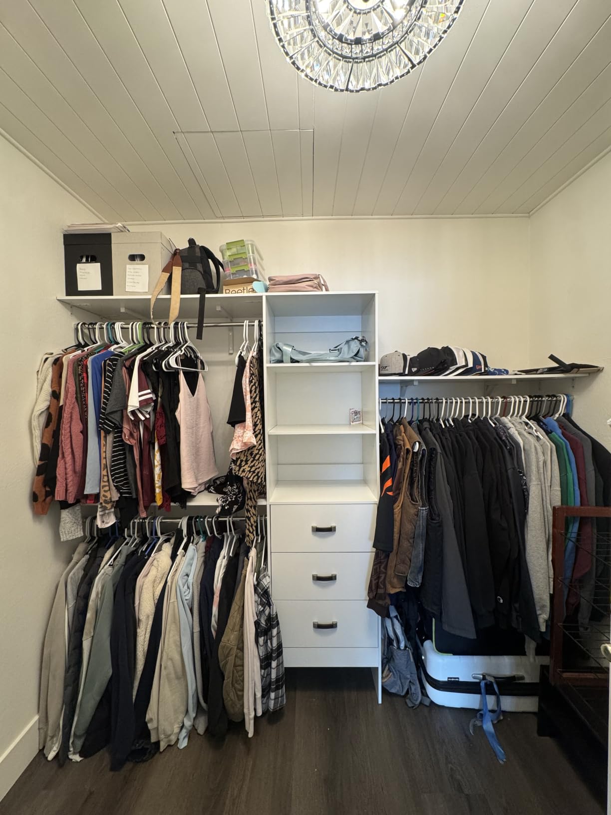 Besiost Closet System with Drawer - 8FT Wood Closet Organizer System with 3 Hanging Rods and Shelving Tower, 96