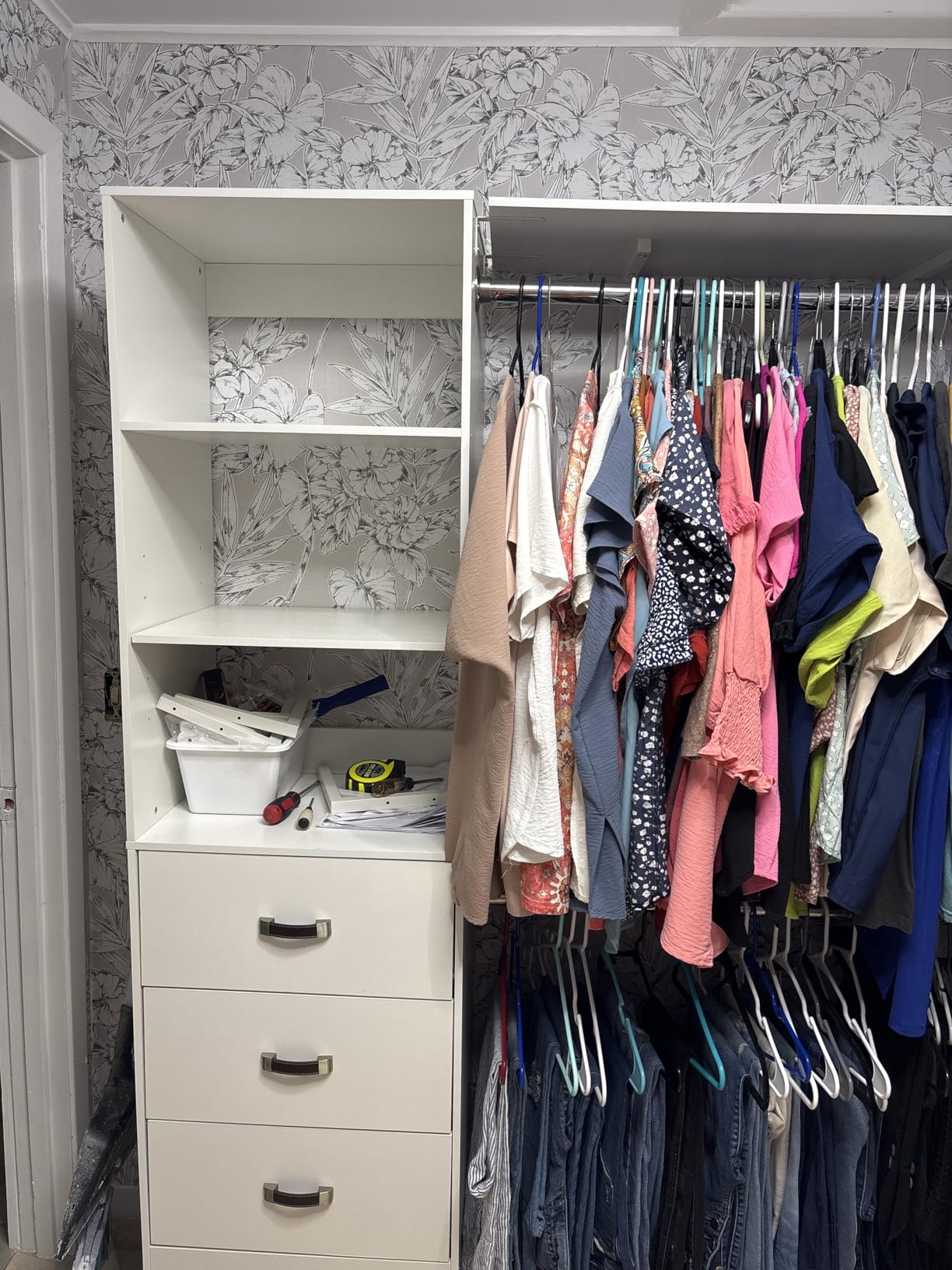 Besiost Closet System with Drawer - 8FT Wood Closet Organizer System with 3 Hanging Rods and Shelving Tower, 96
