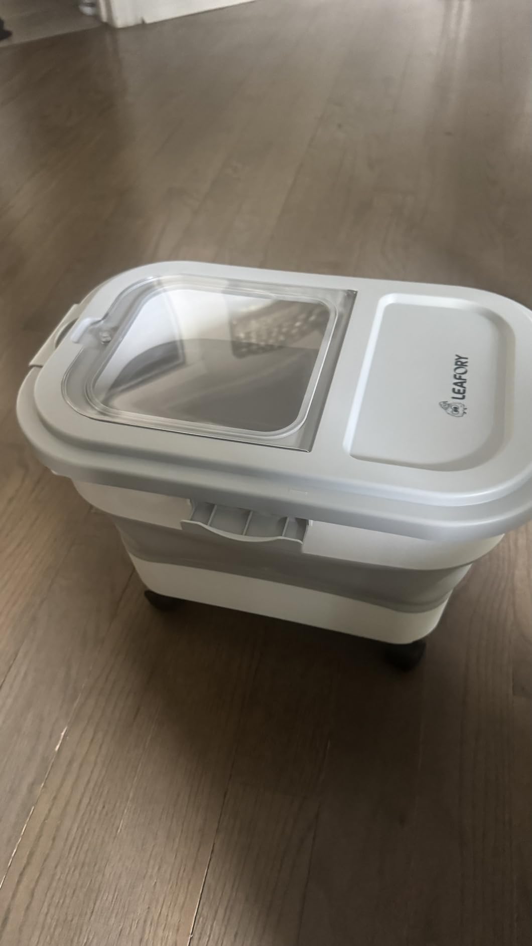 Wood Pellet Storage Container 20-25lbs, Wheeled Bin with Clear Window - Collapsible Pellet Bucket with Secure Locking Lid, Scoop and Labels Included, Gray customer photo 2