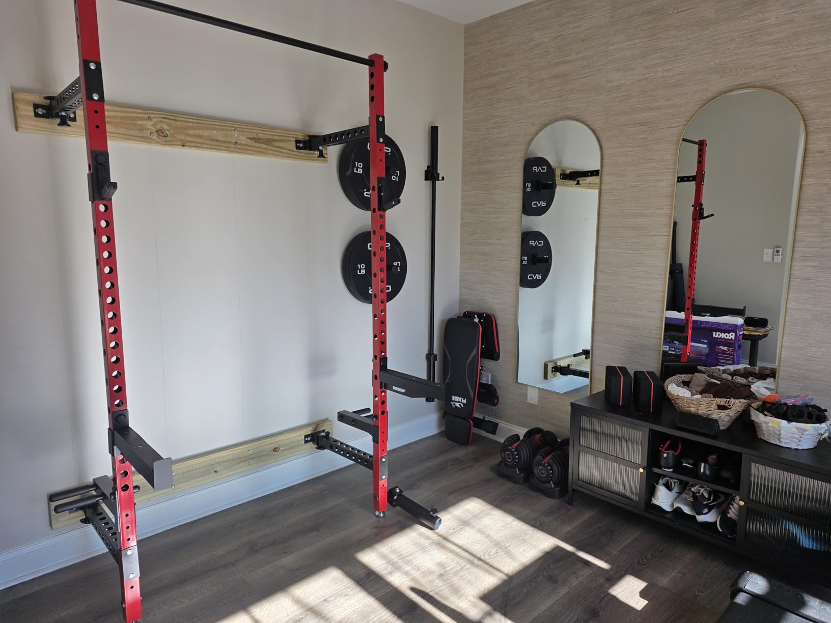 JELENS FS01 Folding Squat Rack, Wall Mounted Power Rack for Home Gym, Space Saving Multi-Functional Power Cage with More Attachments customer photo 2