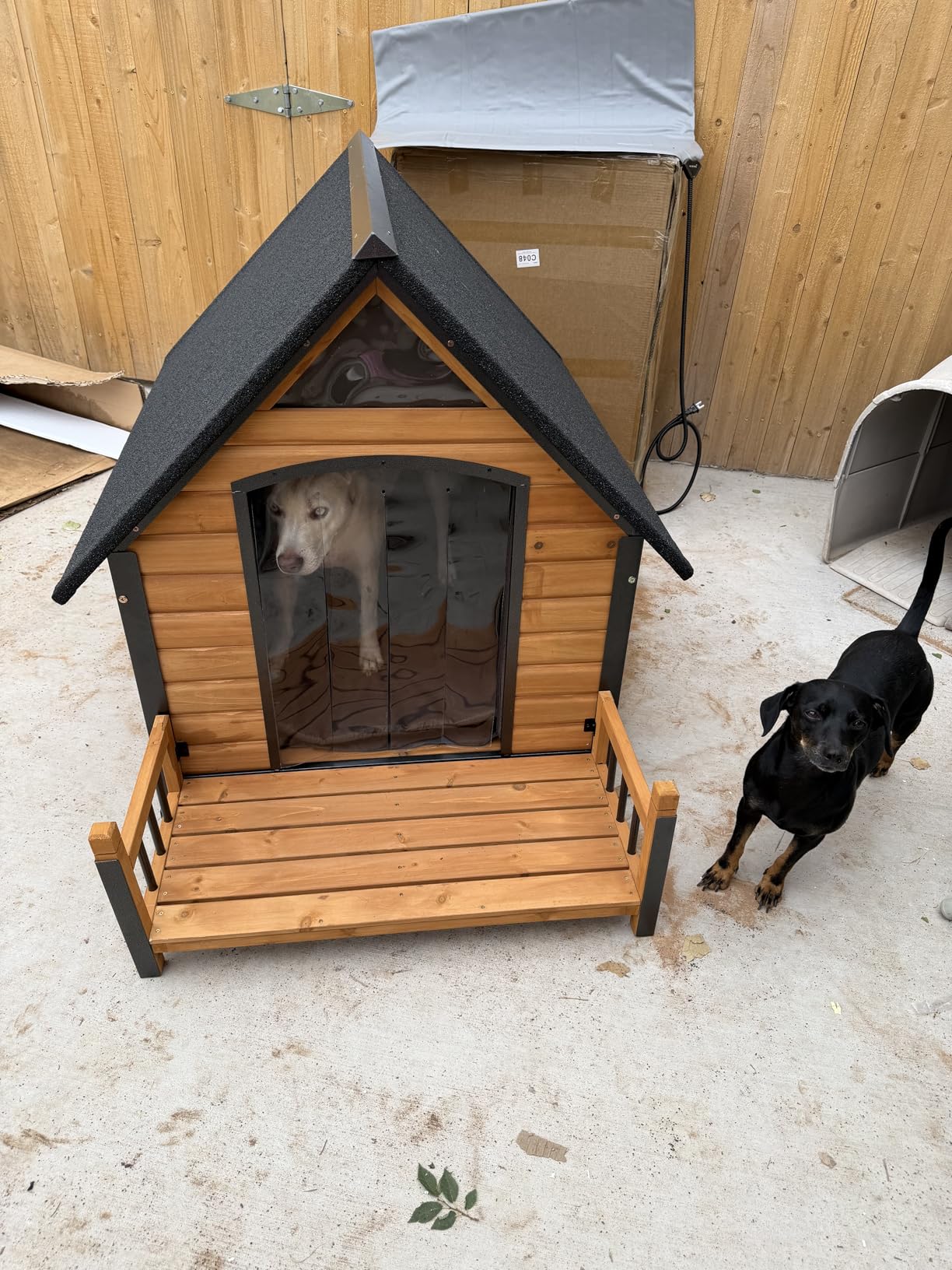 Insulated Dog House with Heating Pad, Weatherproof Outdoor Kennel for Large Dogs, Chew-Resistant Iron Frame & Asphalt Roof (Wood-H, XL) customer photo 1