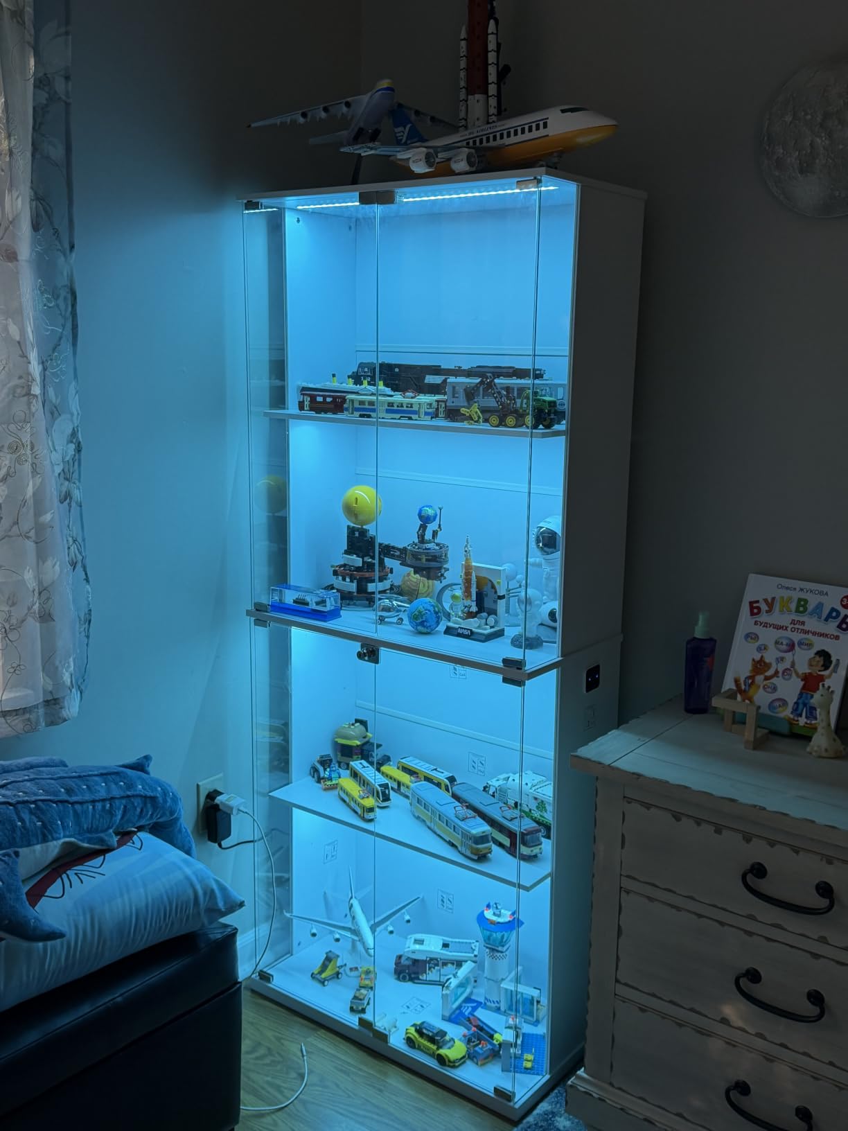 Glass Display Cabinet with 3 Color Lights for Collectibles, Black | 66