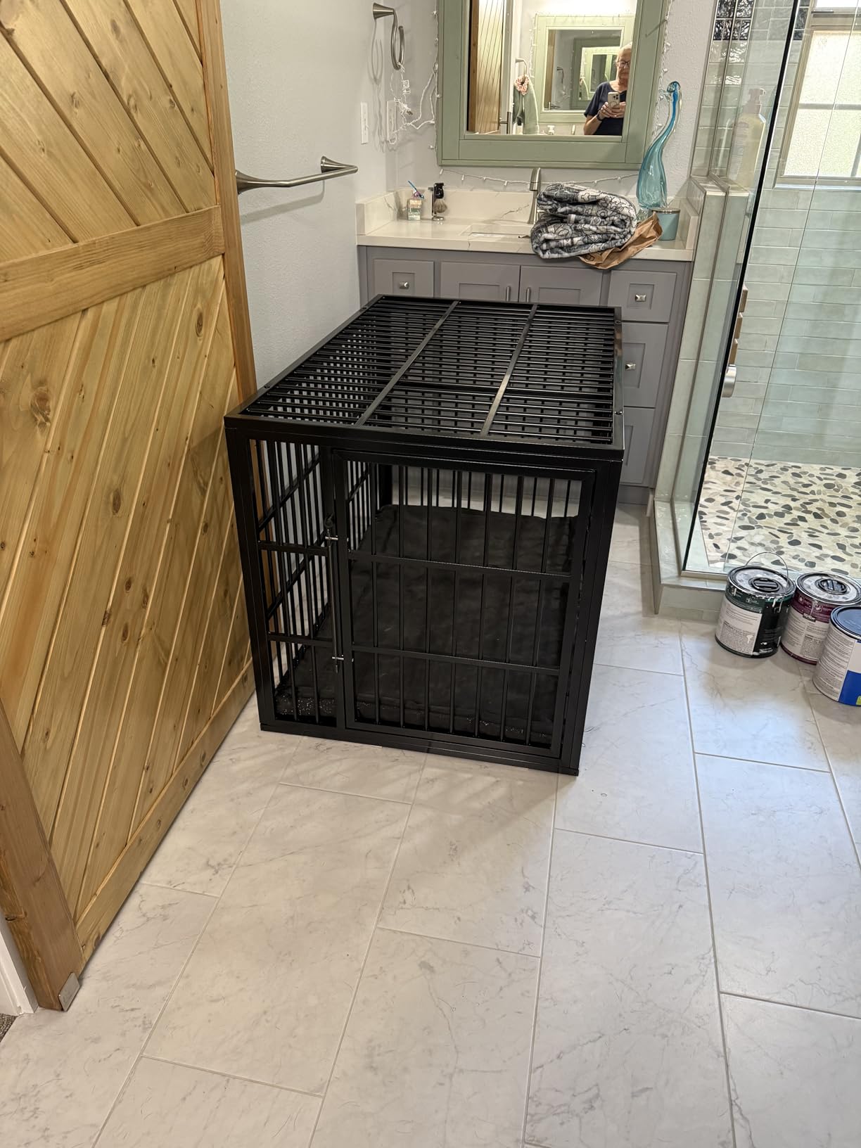 VERIFURTY 48 Inch Heavy Duty Dog Crate for Large Dogs with Self-Locking Latch, Escape-Proof Steel Kennel Indoor, XL Large Double Door Metal Pet Cage with Wheels customer photo 2