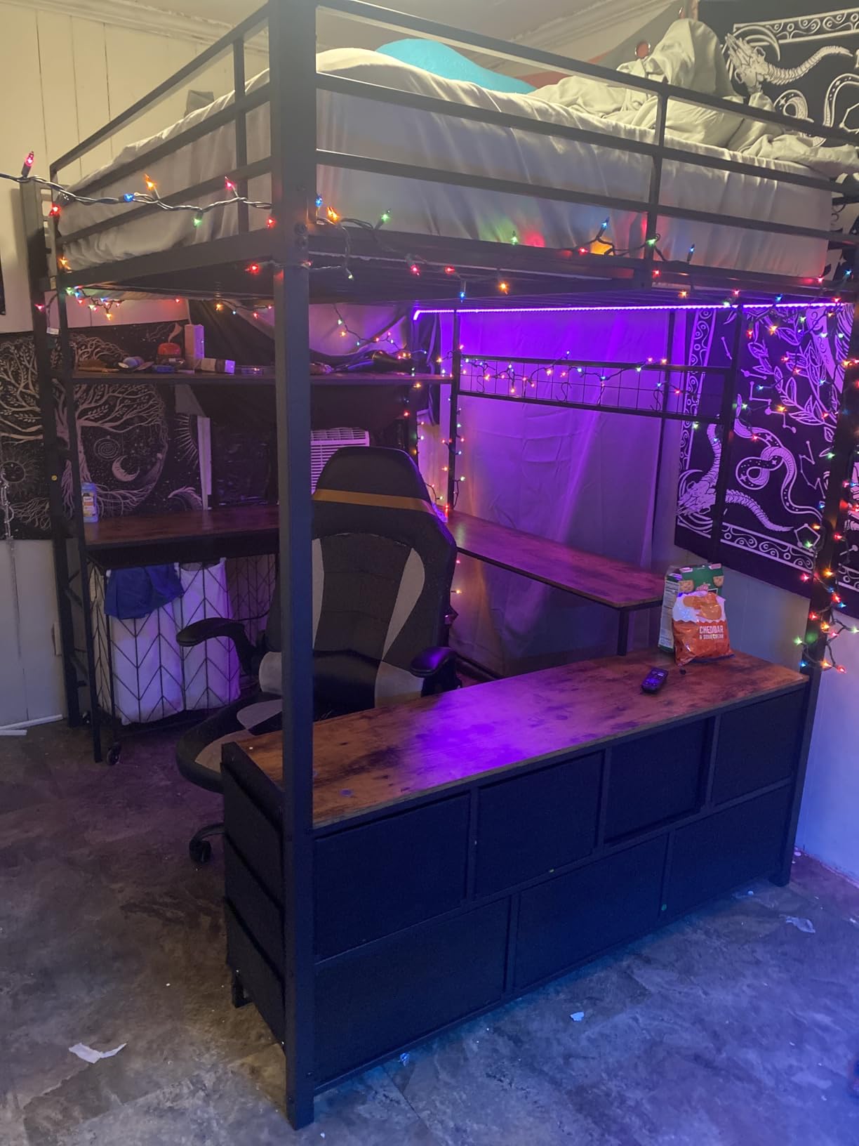 DICTAC Full Loft Bed with U-Shaped Desk, 7 Storage Drawers and Charging Station, Metal Full Size Loft Bed with Led Lights and 2-Tier Storage Shelves, Teen loft Beds with Safety Guardrail & Stairs, Black customer photo 2