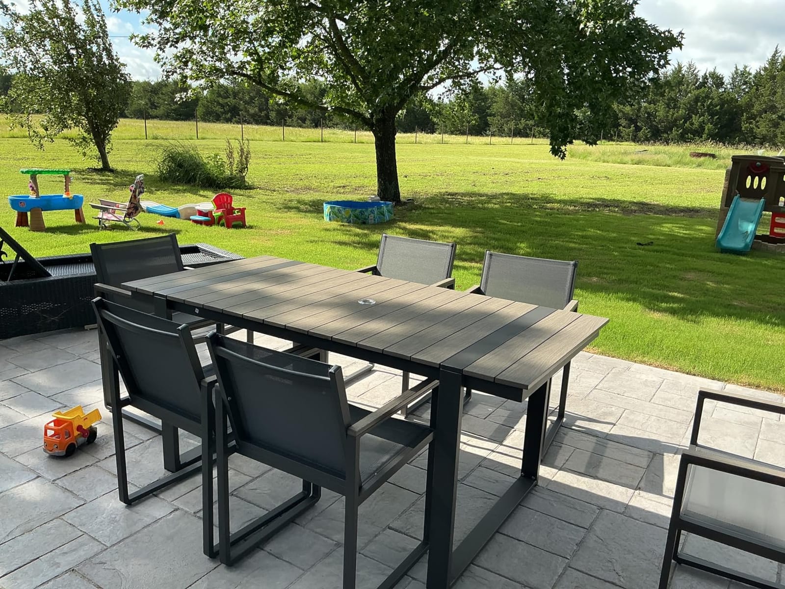 Outdoor Dining Set, Patio Table and Chairs Set, 7 Piece HDPS + Aluminum Patio Furniture Set with Umbrella Hole, Patio Dining Table Set (Gray-Teak) customer photo 1