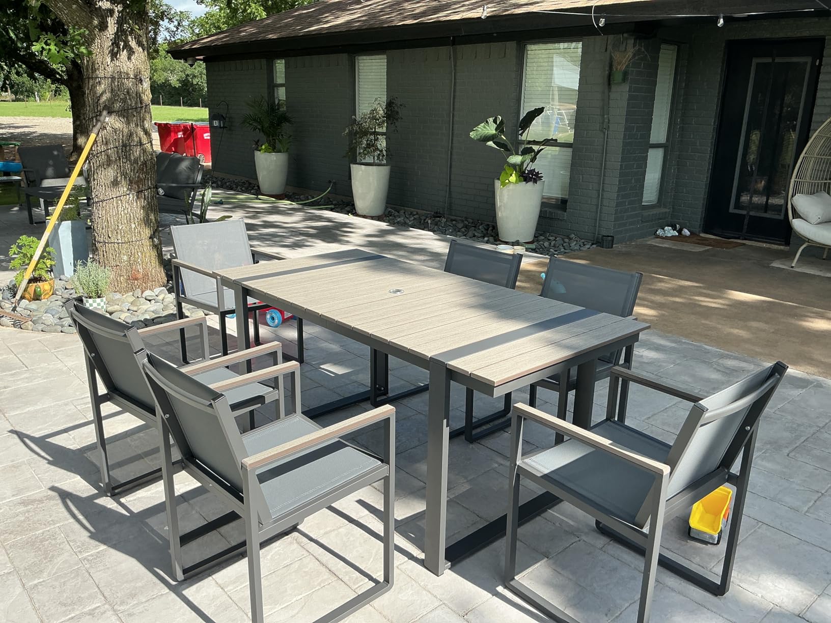 Outdoor Dining Set, Patio Table and Chairs Set, 7 Piece HDPS + Aluminum Patio Furniture Set with Umbrella Hole, Patio Dining Table Set (Gray-Teak) customer photo 2