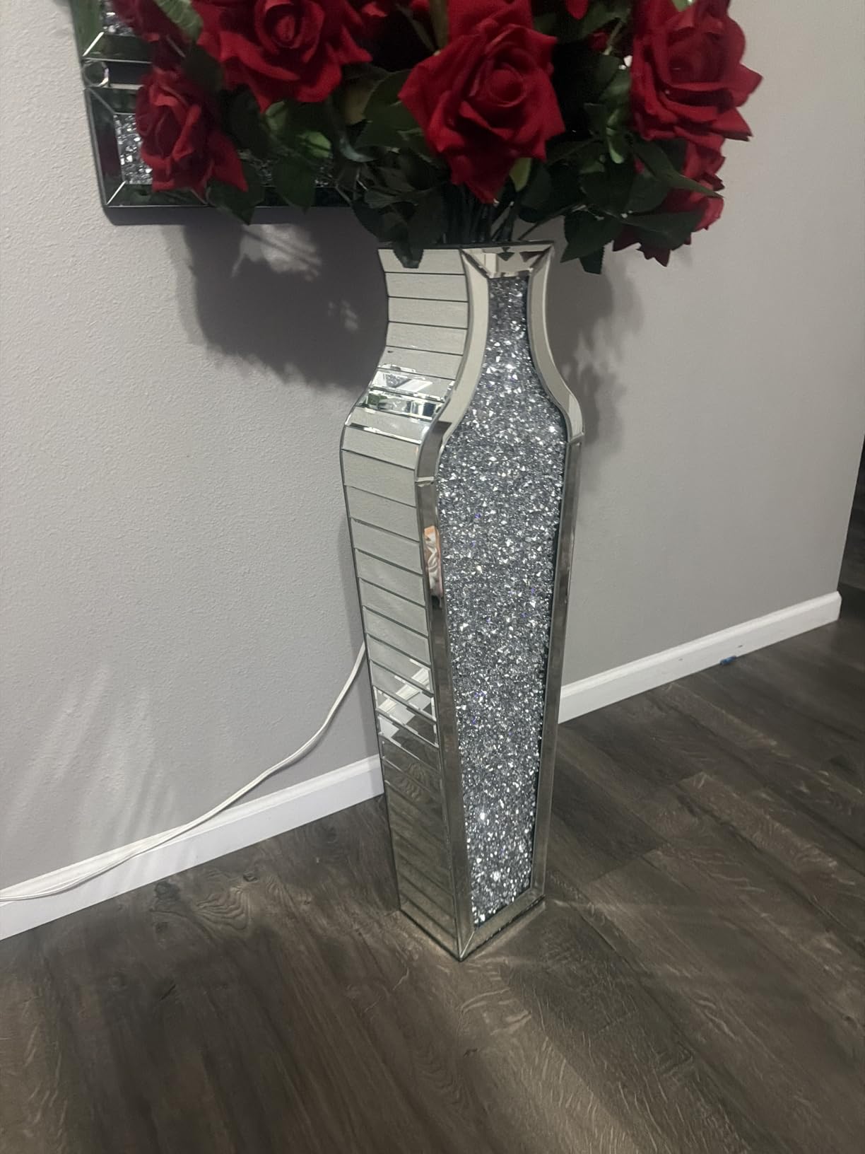 SHYFOY Green Crushed Diamond Floor Vase, Large Mirrored Tall Vases for Floor, Modern Glass Decorative Vases for Living Room Bedroom Home Corner Indoor Office, 26.8