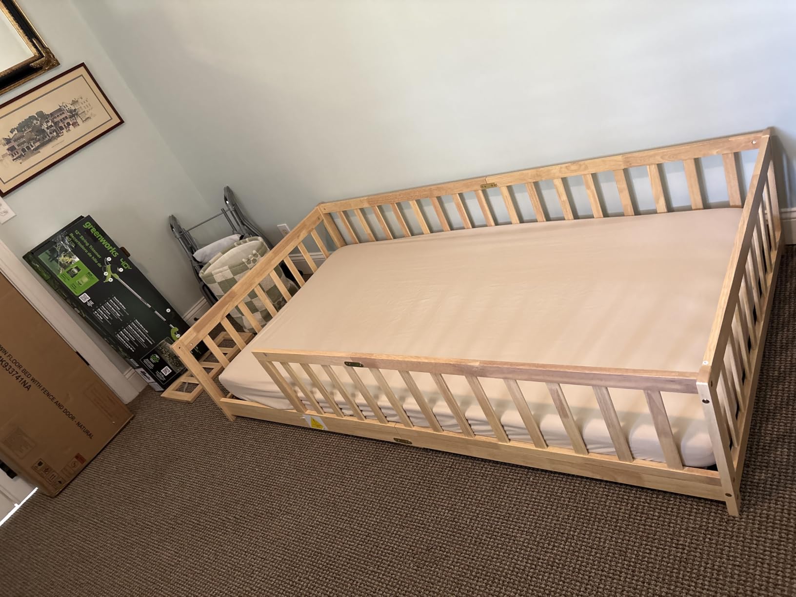 Full Size Montessori Floor Bed with Slats, Door and Guardrails, Natural | Low Profile Montessori Bed with Fence, Easy Assemble Floor Bed for Kids, Girls and Boys, Full Size Floor Bed customer photo 2