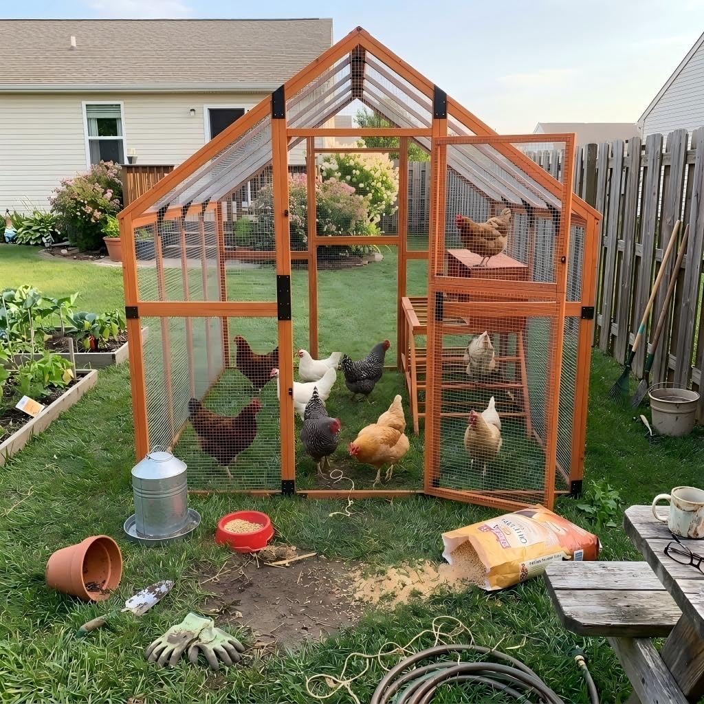 COZIWOW Chicken Coop with Full Waterproof Cover, 9' Extra Large Wooden Chicken House for 10-15 Chickens, 4 Nesting Boxes & Roosting Bars, Outdoor Walk-in Poultry Run, Orange customer photo 1