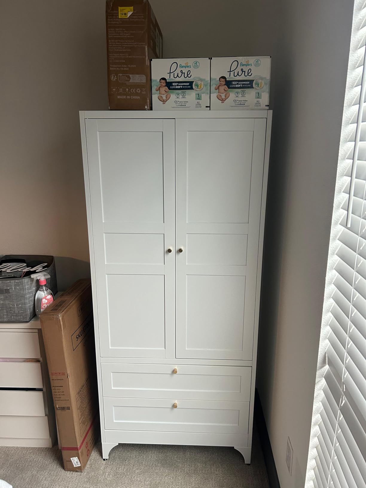 Letaya Metal Armoire Wardrobe Closet with Drawers, Clothing Storage Cabinet with Doors and Shelves, Coat Closet with Hanging Rod, Bedroom, Home, Cloak Room, White-71 H x 32