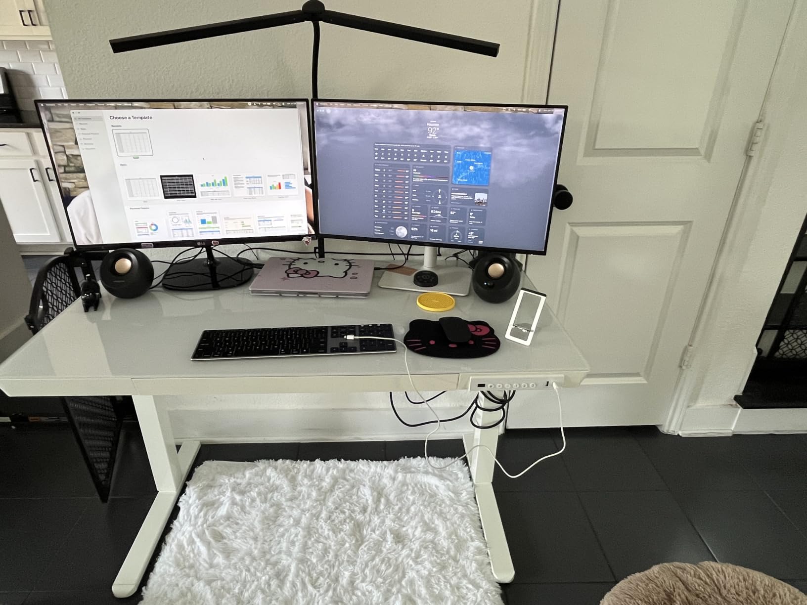 HUANUO Glass Standing Desk with Drawers, 35 X 20 Inch Electric Adjustable Height Desk, Quick Install One-Piece Tabletop with USB Charging Ports, White customer photo 1