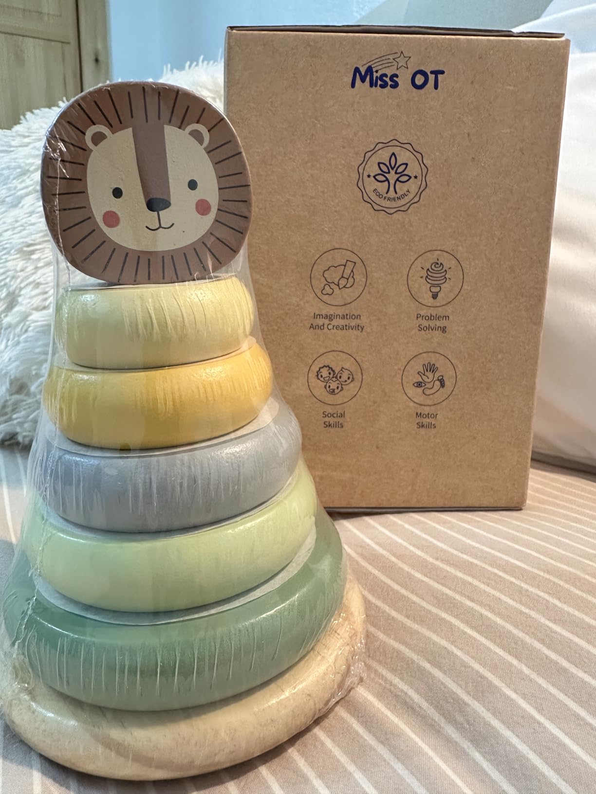 Wooden Ring Stacker Toy for 1 Year Old - Montessori Toys for 1 Year Old Boy and Girl, Stacking Rings with Lion Topper, Baby Toy 12-18 Months, Fine Motor Skills, 1st Birthday Gift customer photo 2