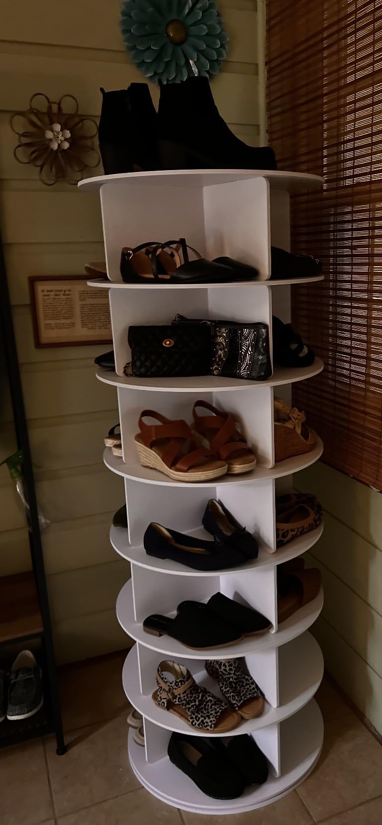 RUNSUNSPRI 7 Tier Rotating Shoe Rack Corner Organizer 360°Rotating Shoe Rack Tower Spinning Shoe Rack Tower for Bedroom Entryway Closet Holds 28-32 Pairs of Shoes Handbags Hats Display Decor customer photo 2