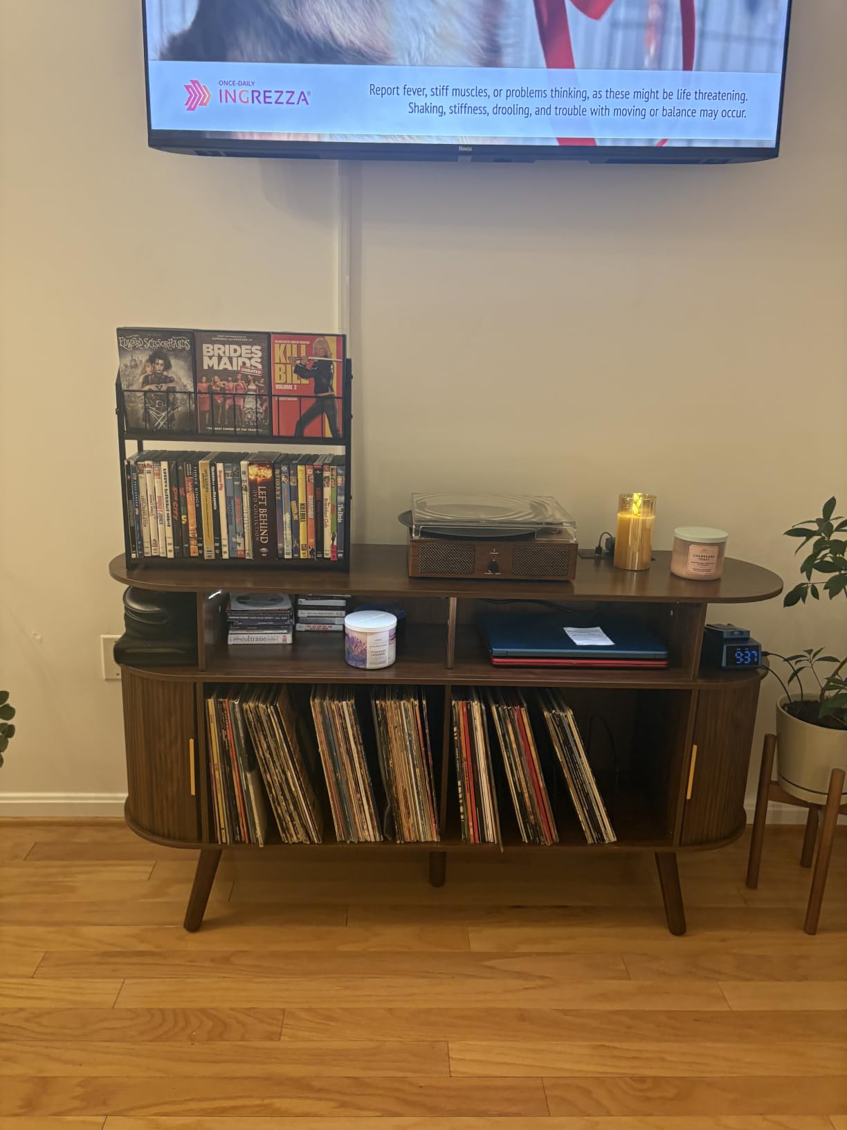PRAISUN 47.2 Inch Large Record Player Stand with Power Outlets & 3-Color Lights, Vinyl Record Stand with 2 Fluted Cabinets, USB-C Port, Mid Century Modern Player Stand, Open Storage, Walnut customer photo 1