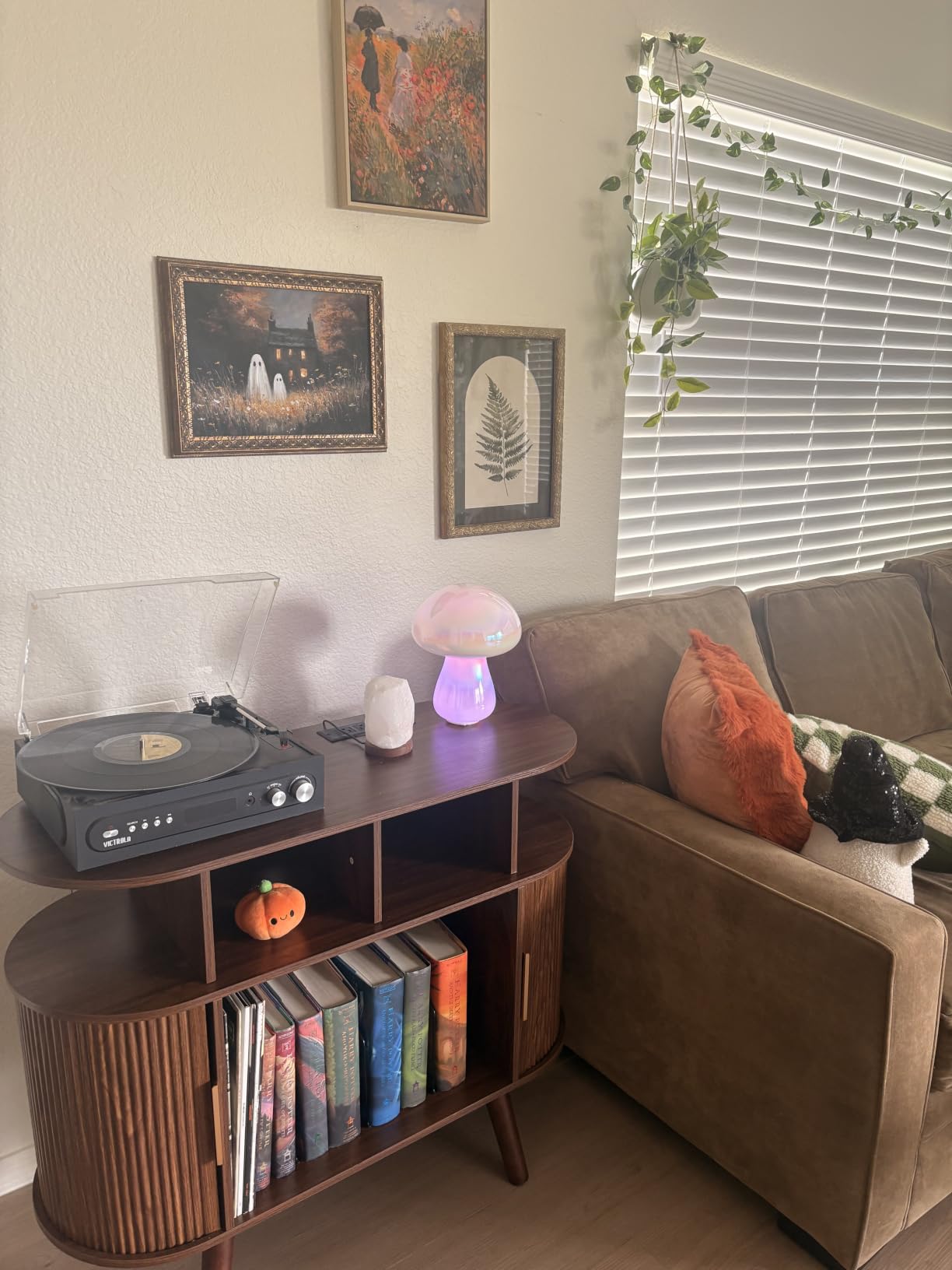 PRAISUN 47.2 Inch Large Record Player Stand with Power Outlets & 3-Color Lights, Vinyl Record Stand with 2 Fluted Cabinets, USB-C Port, Mid Century Modern Player Stand, Open Storage, Walnut customer photo 2