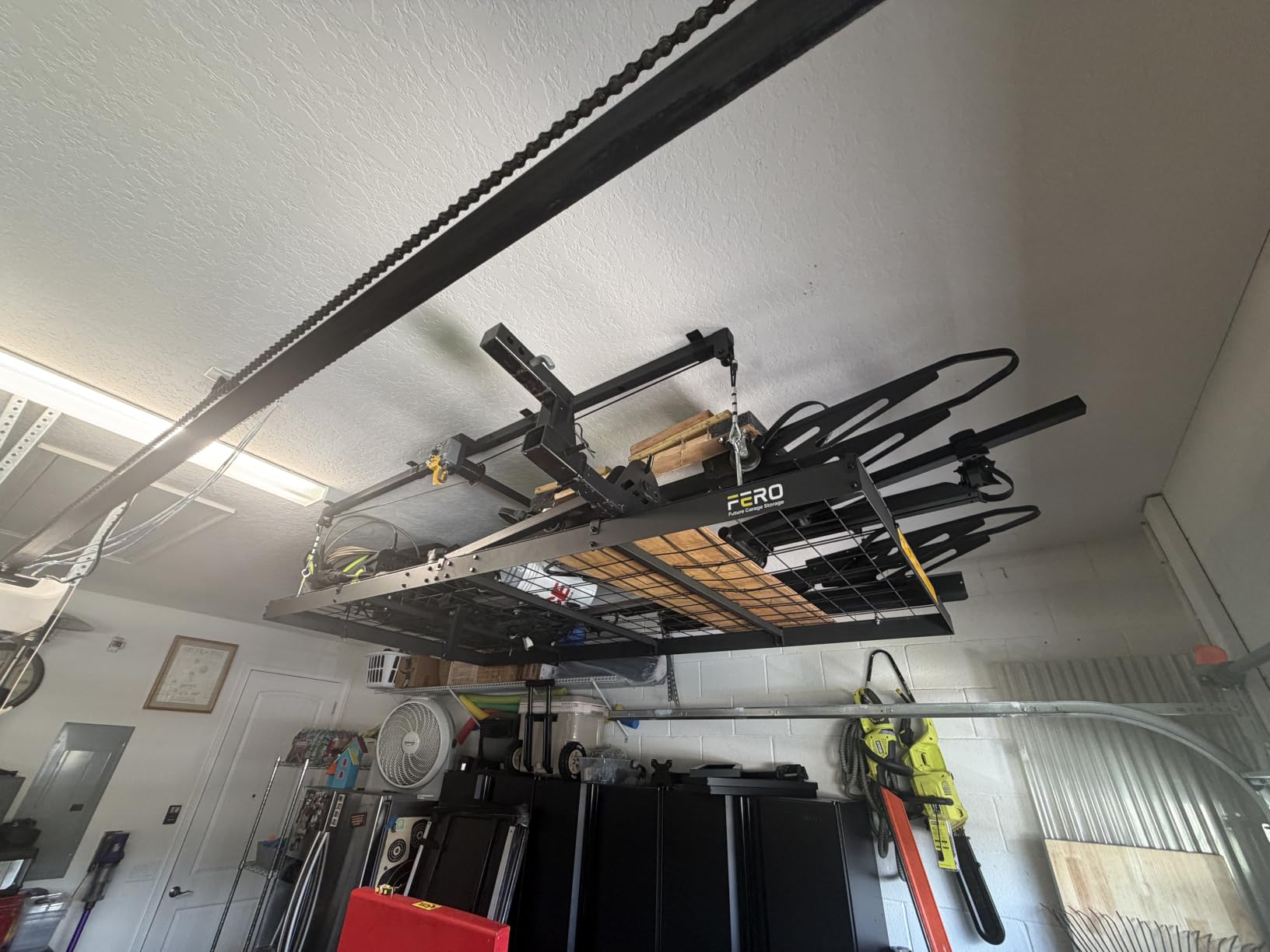 FERO Overhead Garage Storage Rack 4x8, 500 lb Heavy-Duty Capacity, Ceiling Mounted Storage Lift with Safety Lock, Drop Down Overhead Storage System, Garage Ceiling Hoist Organizer customer photo 2