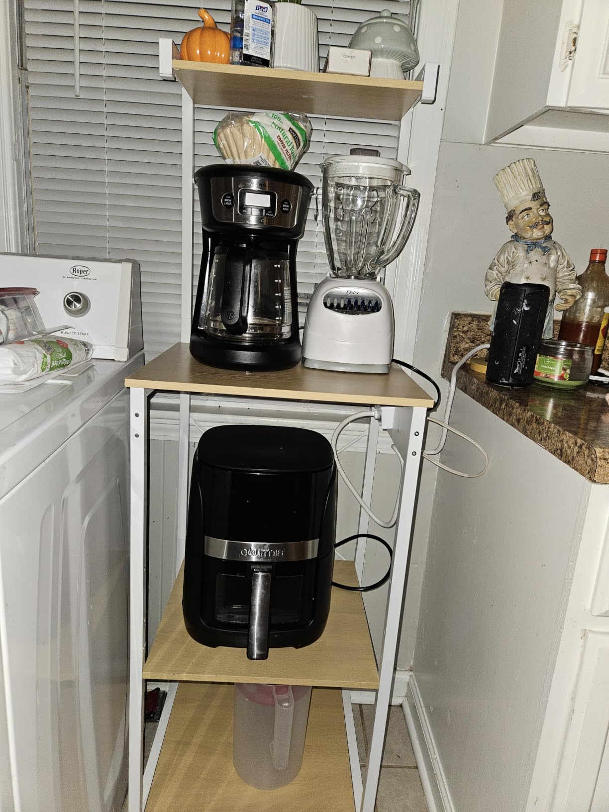 VASAGLE 4-Tier Kitchen Bakers Rack with Power Outlet, 17.7-Inch Wide | Microwave Stand, Coffee Bar, with 8 S Hooks, Adjustable Shelf, Golden Oak and Cloud White, BARNET Collection UKKS013YA01 customer photo 1