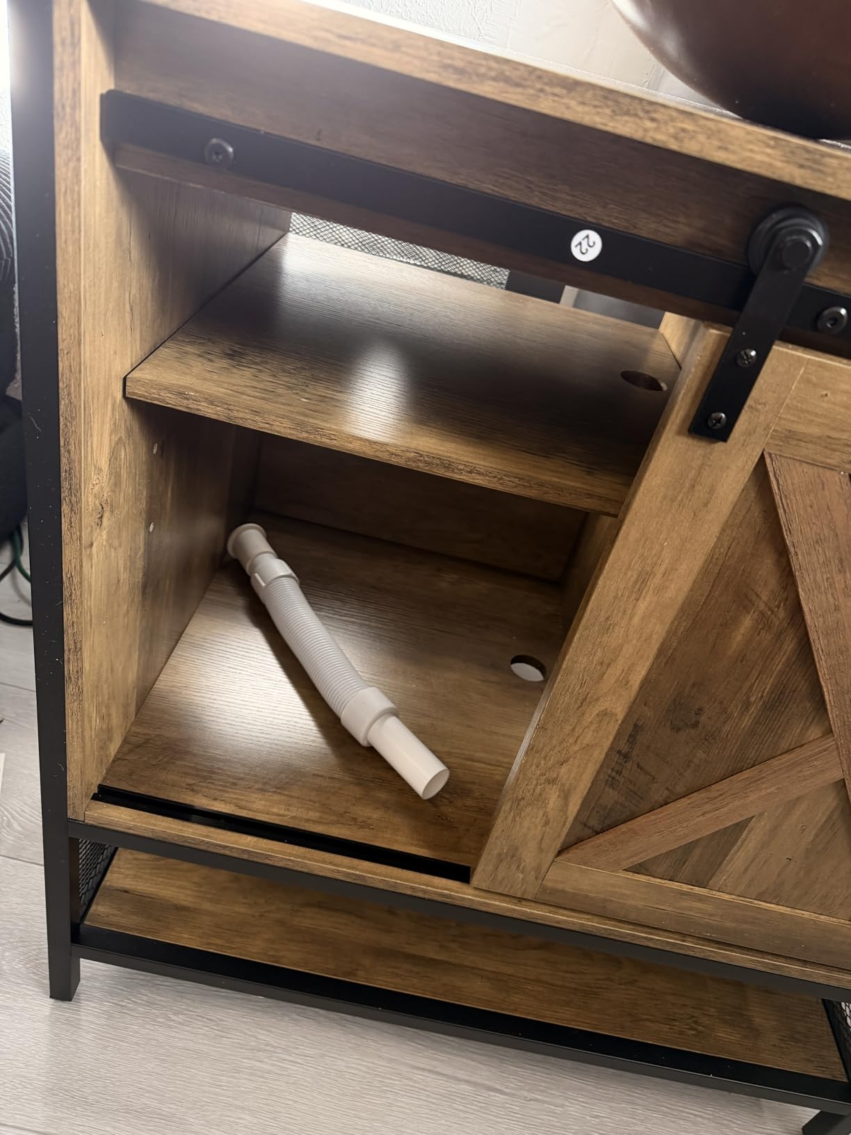 Concho 30'' Farmhouse Bathroom Vanity with Vessel Sink, Bathroom Sink Storage Cabinet with LED Light & Sliding Barn Door, Rustic Brown customer photo 2