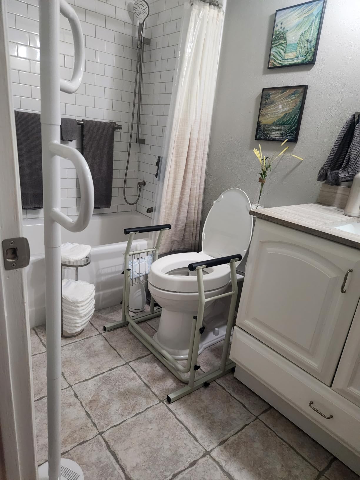 Stander Double Handle Non-Rotating Floor to Ceiling Grab Bar, No-Drill Tension Mounted Transfer Pole for Seniors, Bath Safety & Bedside Assist Rail for Home Standing Support & Fall Prevention, White customer photo 2