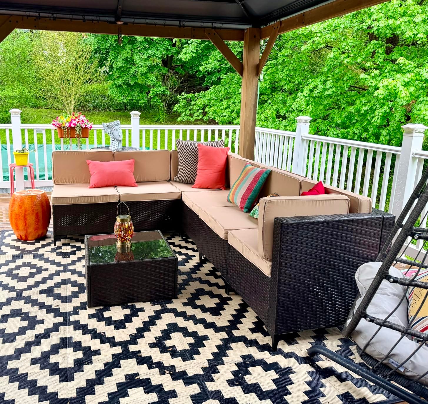 Shintenchi 7 Pieces Patio Furniture Sets Outdoor All-Weather Sectional Patio Sofa Set PE Rattan Manual Weaving Wicker Patio Conversation Set with Glass Table&Ottoman Cushion and Red Pillows, Beige customer photo 1