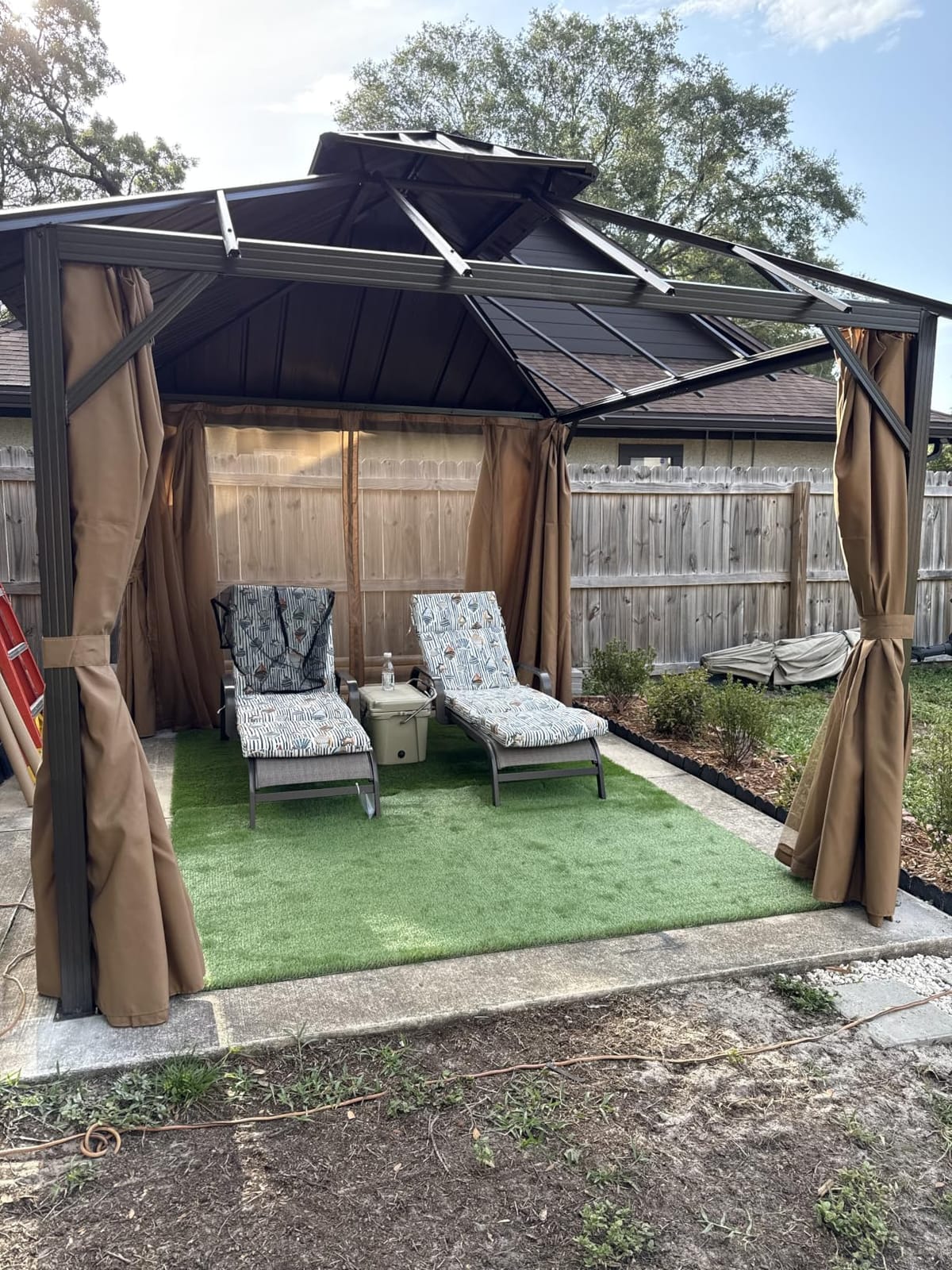 10x12FT Hardtop Gazebo Brown | Permanent Outdoor Pergola with Double Galvanized Steel Roof and Curtains and Netting for Backyard, Patio, Lawn and Garden customer photo 1